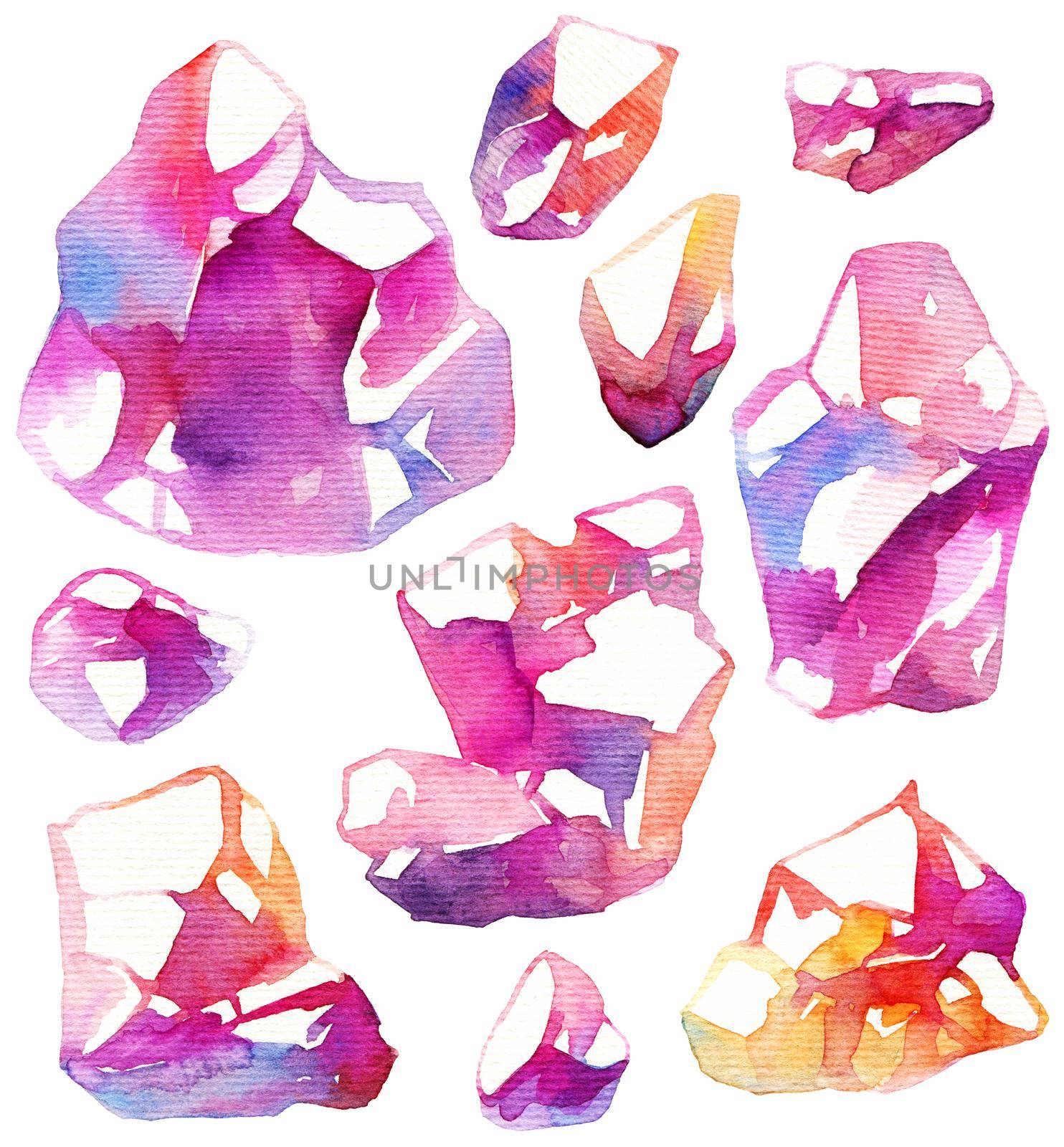 Hand-drawn watercolor crystals - painting on white background