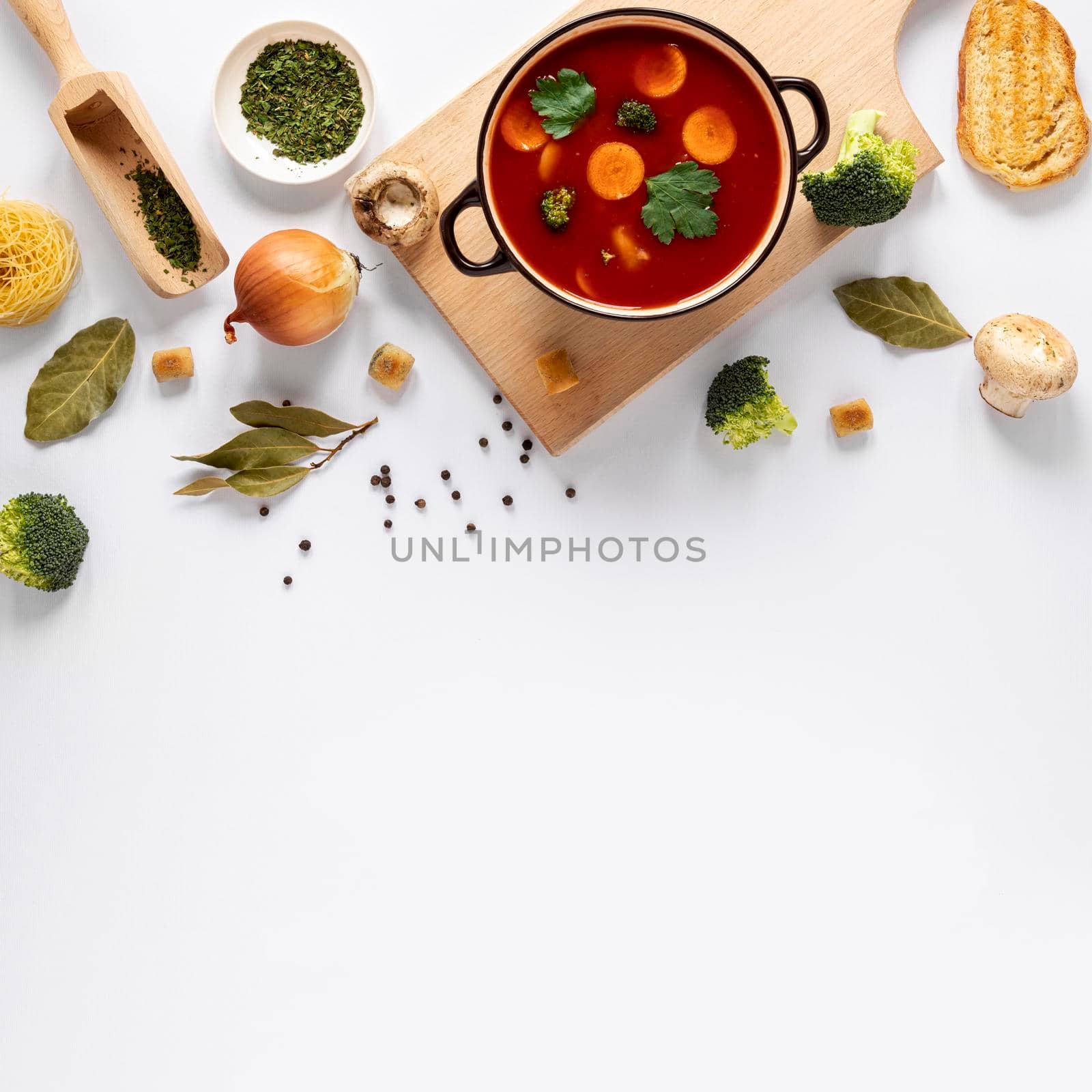 tomato soup wooden board. High resolution photo