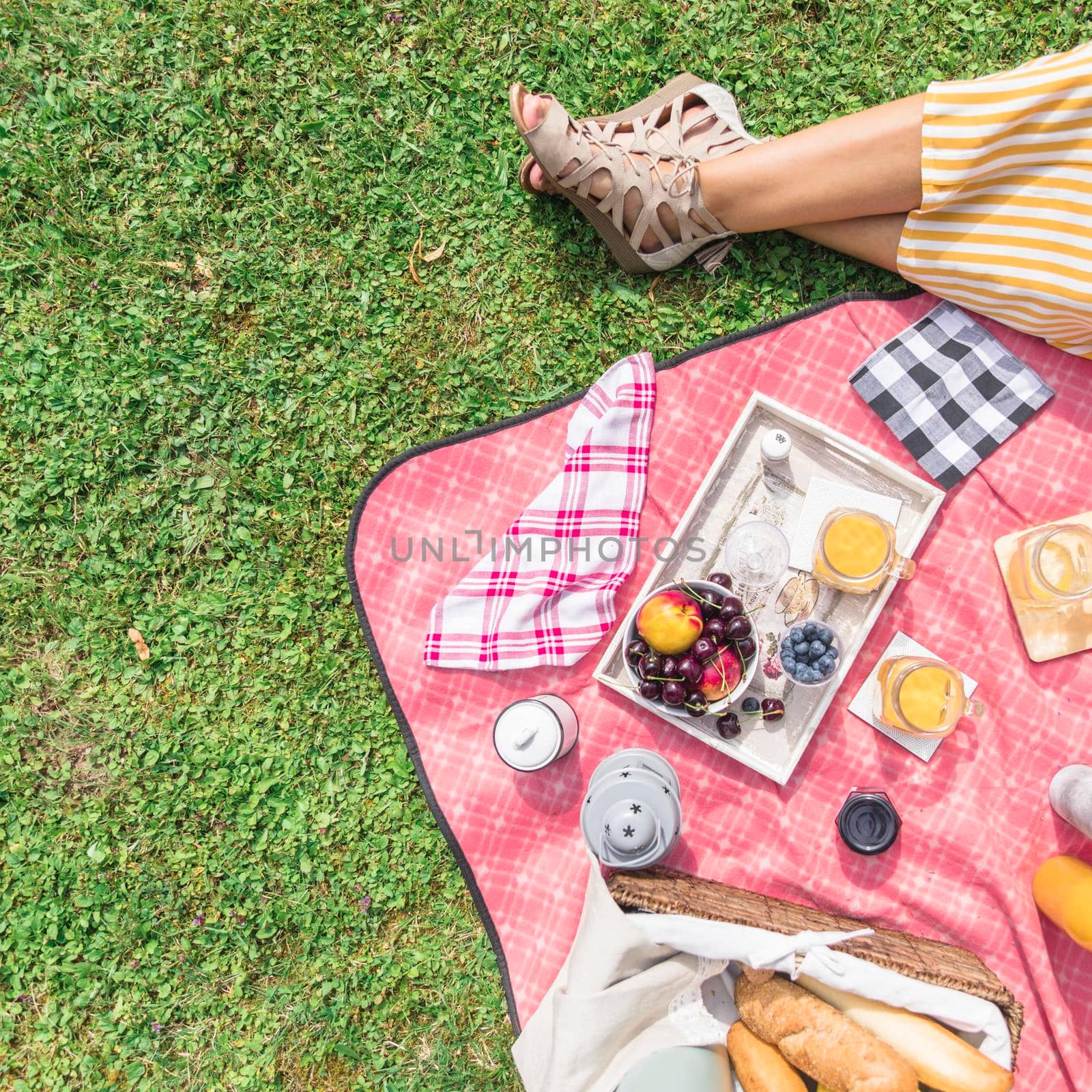 overhead view woman s leg breakfast picnic green grass. High quality photo by Zahard