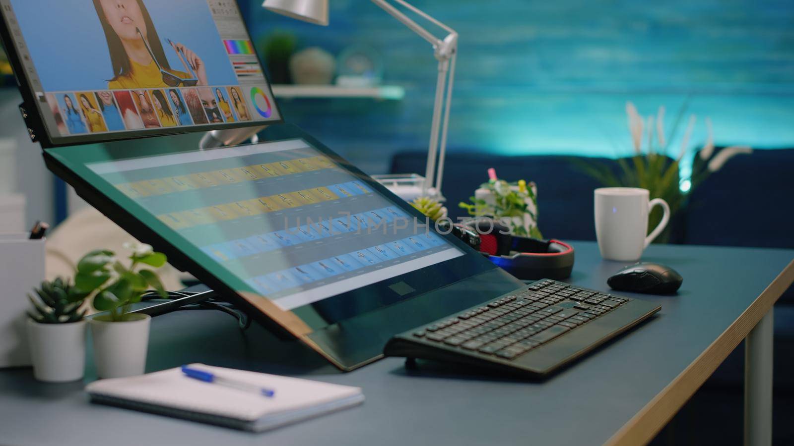 Close up of desk with retouching software on computer in empty editing studio. Nobody in photography office with retouch equipment and technology for media production and graphic design