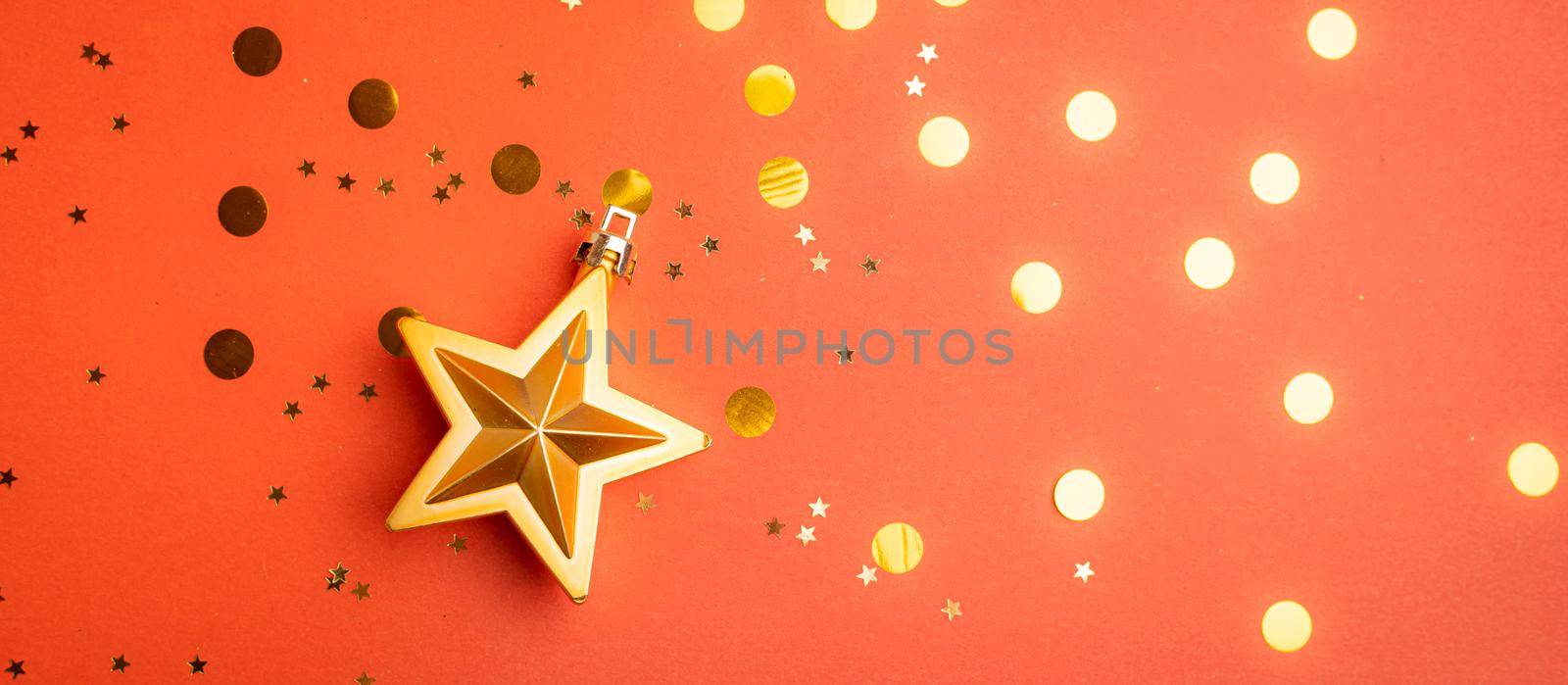 New Year 's layout on a red background with balloons . New Year and Christmas copy space. . Festive decoration. Christmas balls