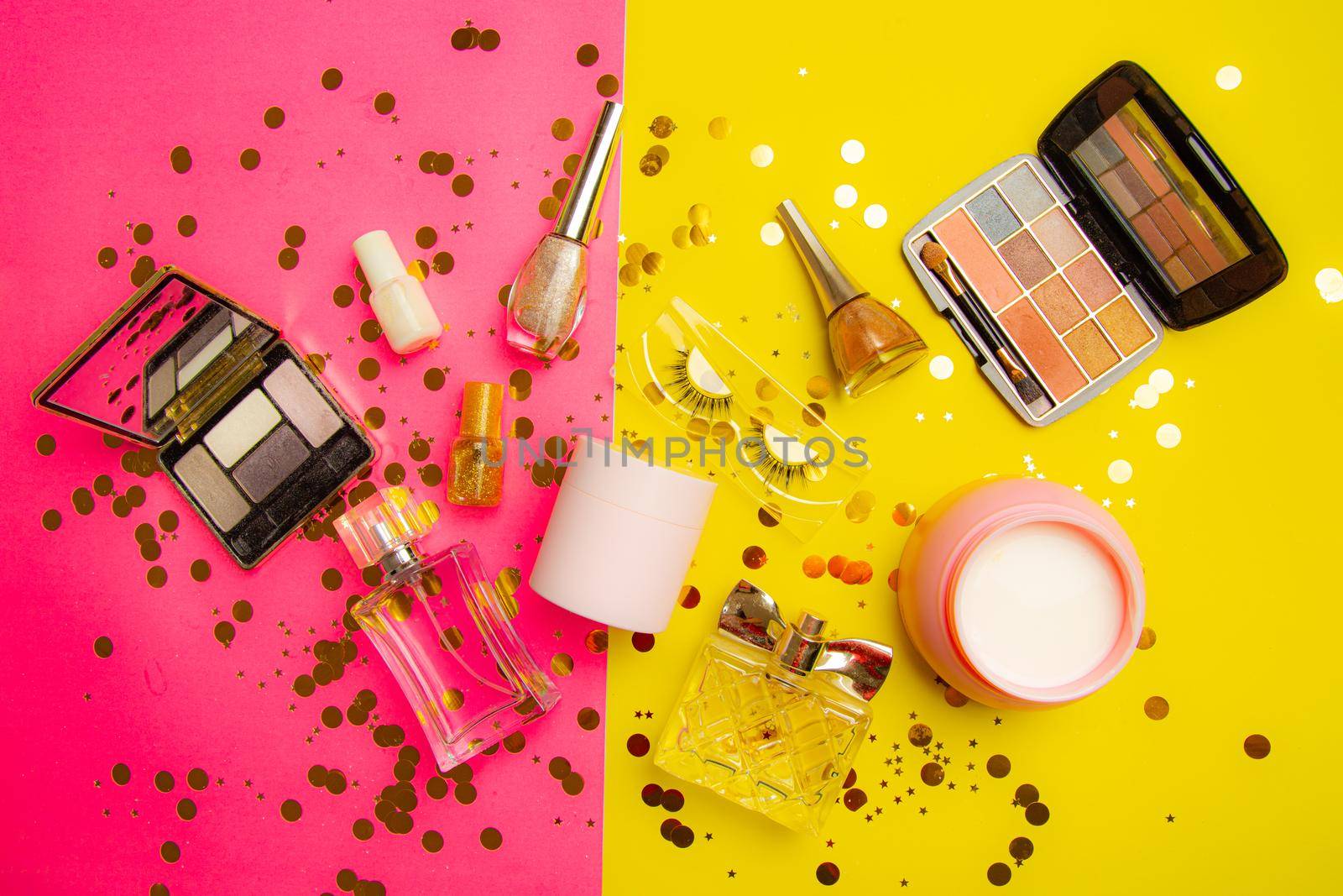 Bright makeup layout . Fashion industry. Cosmetology. Makeup Glitter Bright background