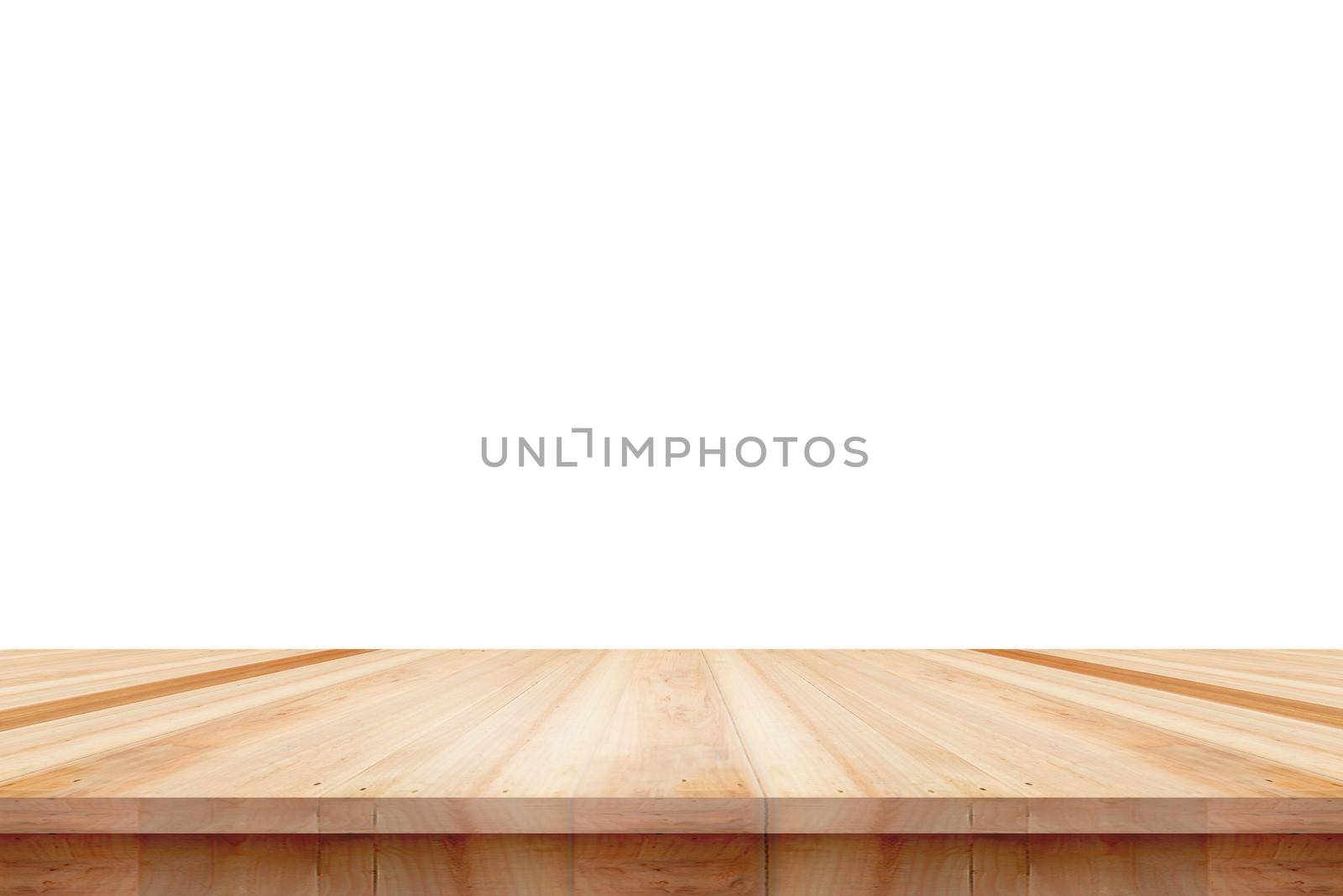 Empty wooden table top isolated on white background, used for display or montage your products.