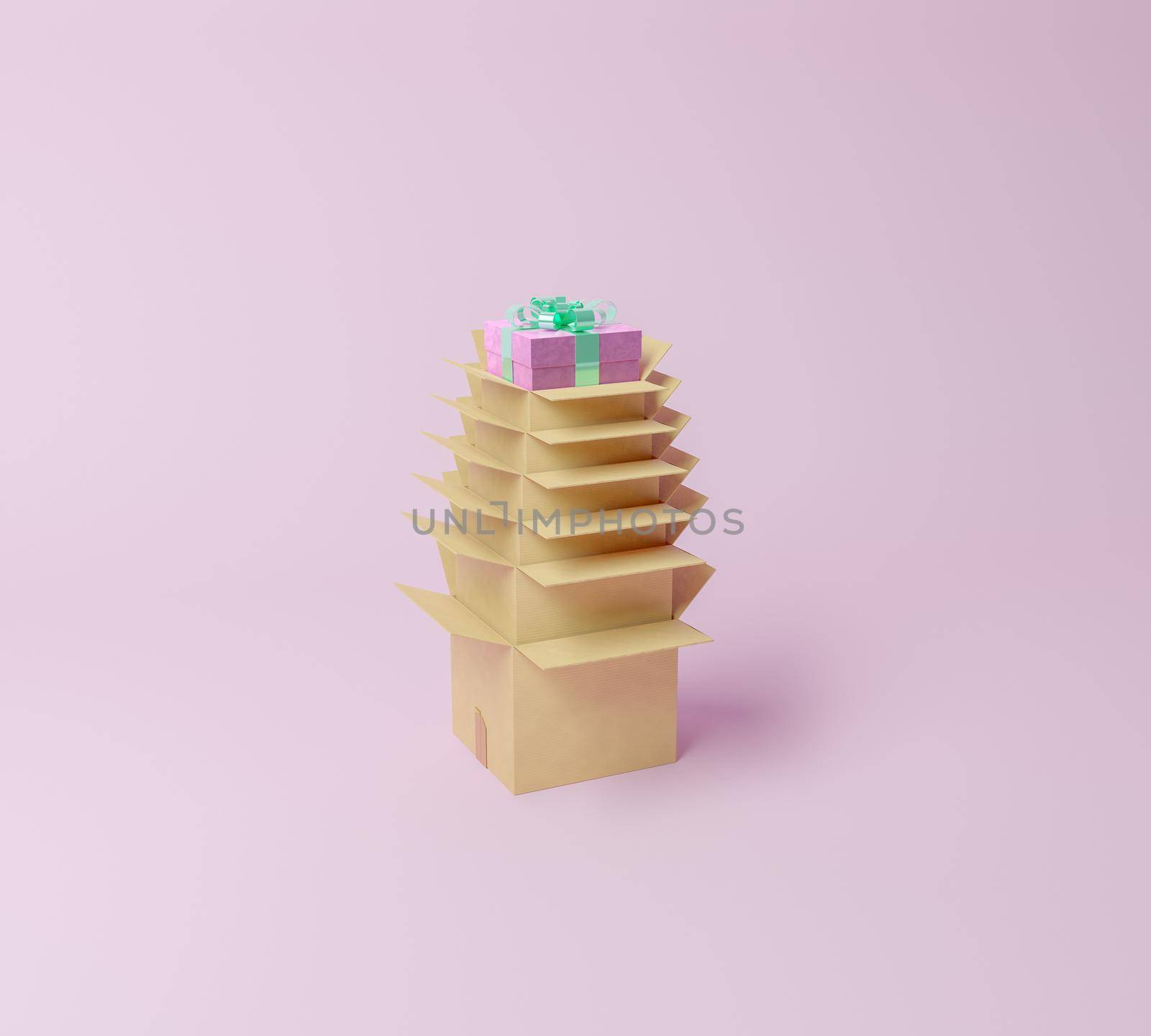 tower of open cardboard boxes with a gift on top. minimal concept of shipping and parcel delivery. 3d rendering