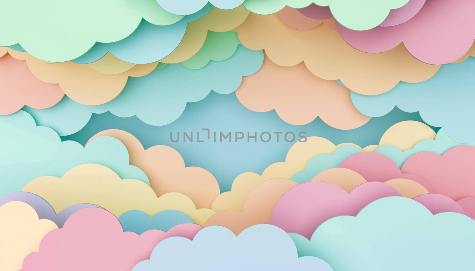 children's abstract background of colorful flat clouds with empty space in the center. copy space. 3d rendering
