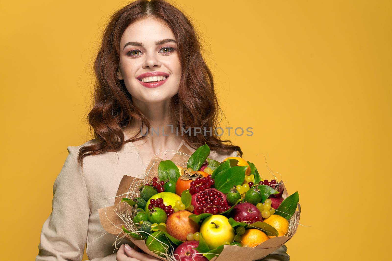 pretty woman smile posing fresh fruits bouquet emotions isolated background by Vichizh