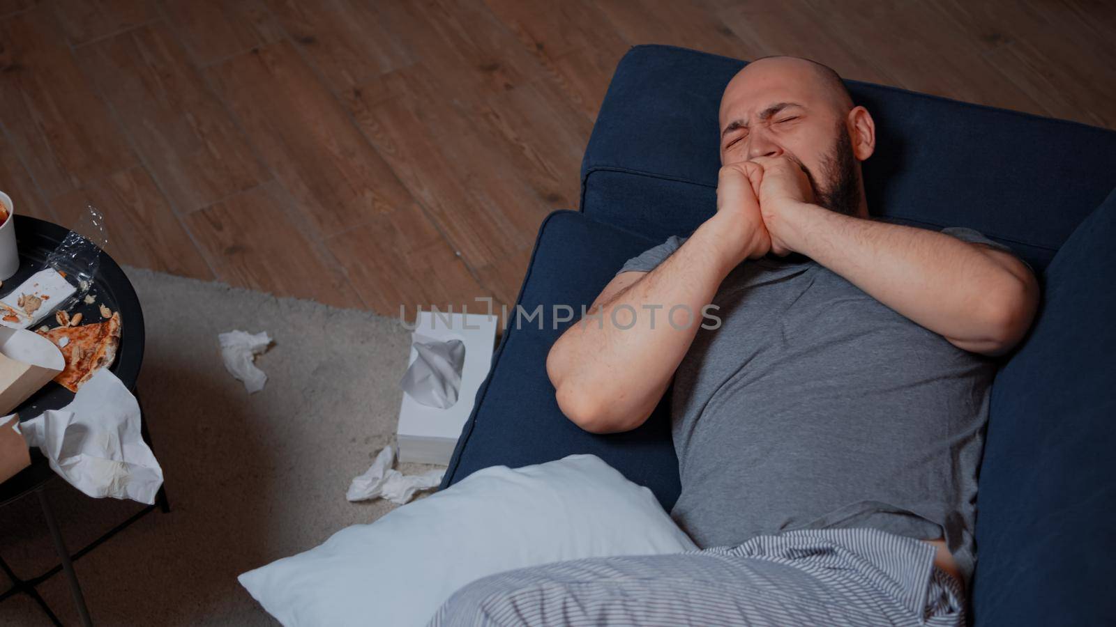 Desperate, traumatized, scared, shocked man unwilling to stop crying because health diagnostic threw him in depression state feeling ill, alone and frustrated suffering from anxiety, bipolar disorder