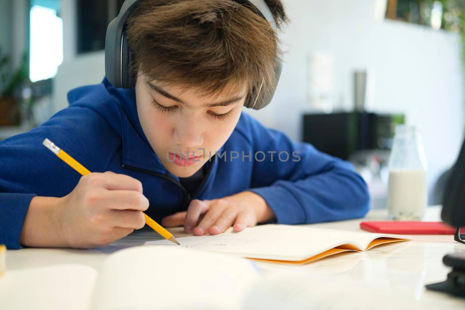 Distance learning online education. A schoolboy boy studies at home and does school homework. A home distance learning.