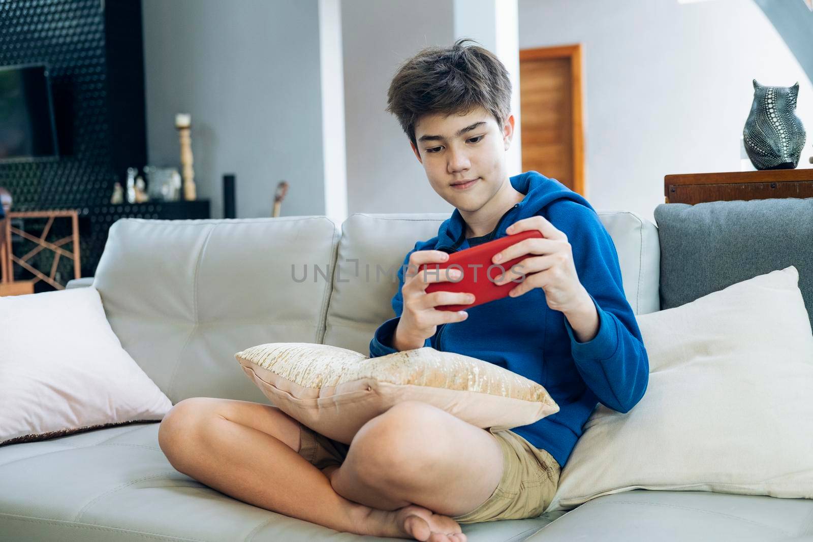 The boy playing online game on smartphone at home.