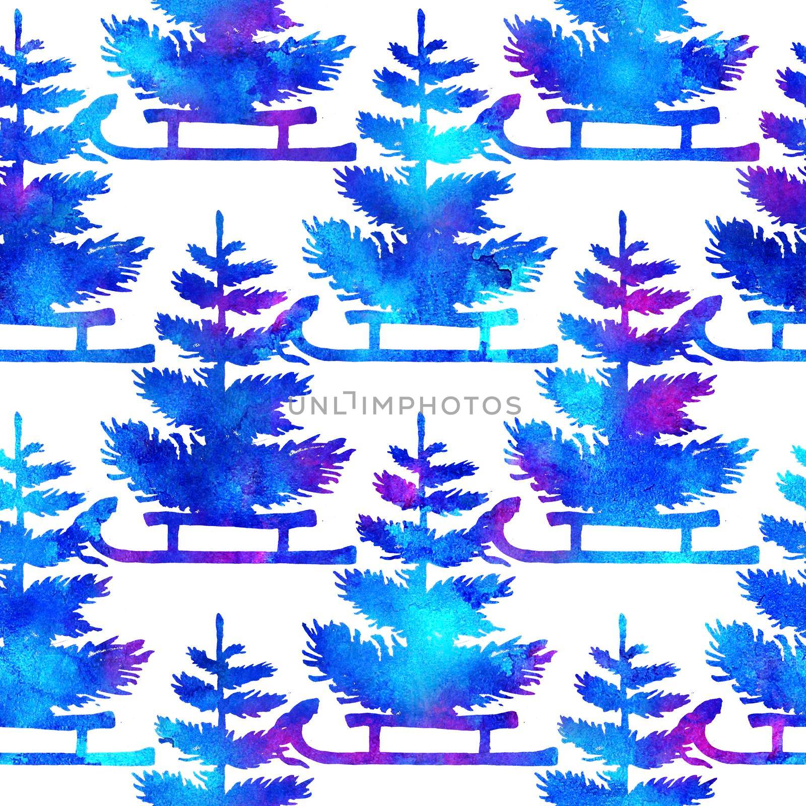 XMAS watercolor Pine Tree and Sleigh Seamless Pattern in Blue Color. Hand Painted fir tree background or wallpaper for Ornament, Wrapping or Christmas Gift.