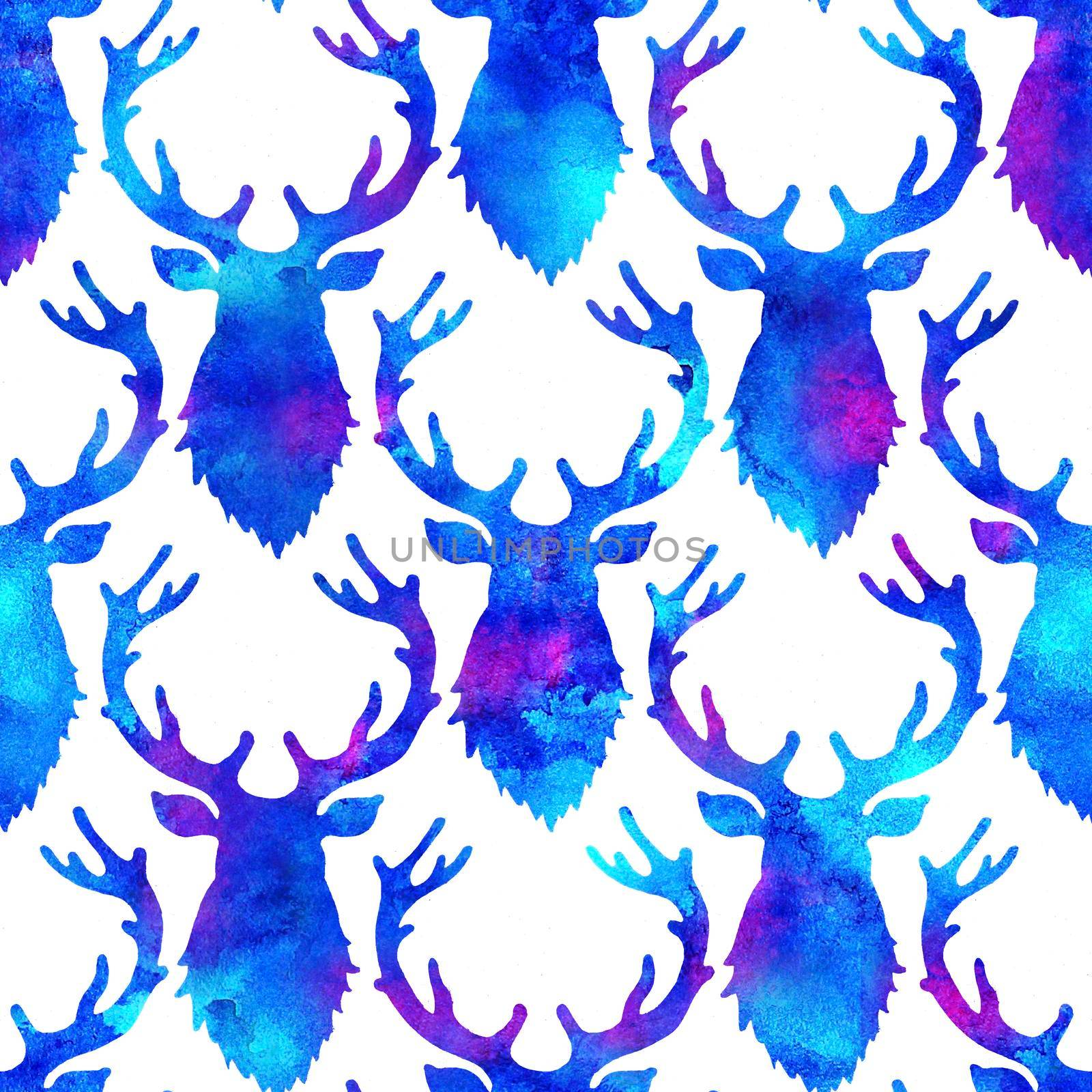 Reindeer XMAS watercolor Deer Stag eamless Pattern in Blue Color. Hand Painted Animal Moose background or wallpaper for Ornament, Wrapping or Christmas Gift.