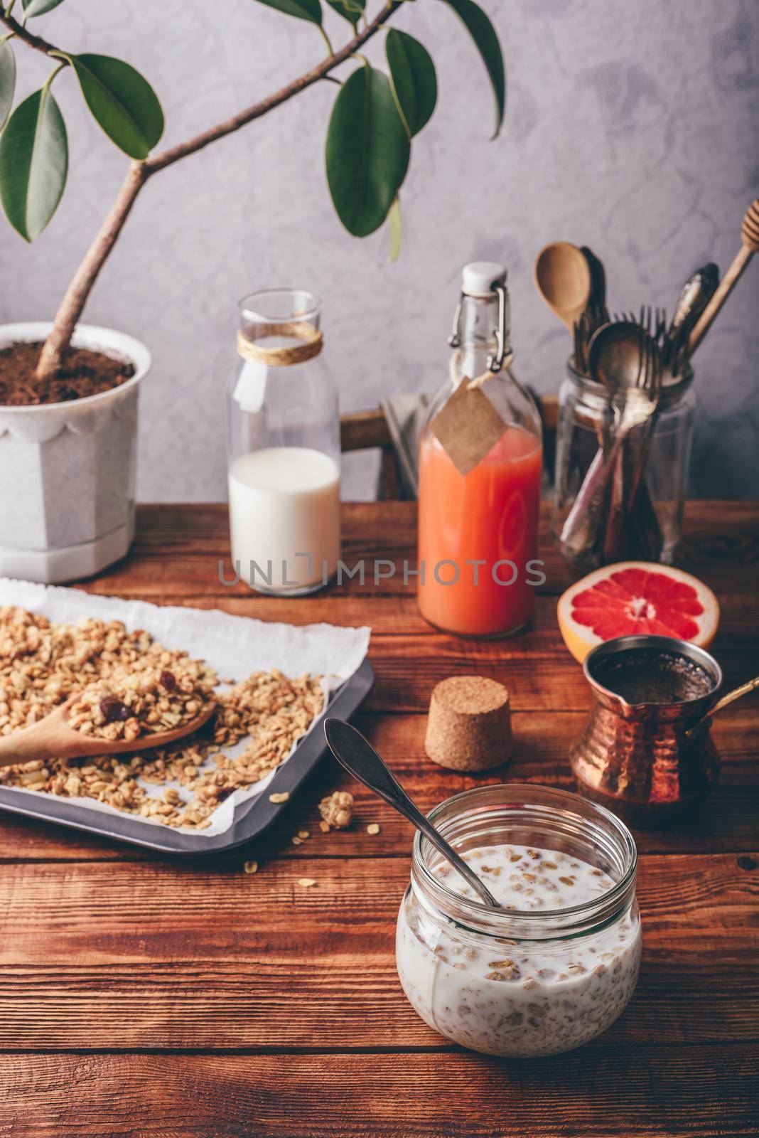 Healthy breakfast with homemade muesli, turkish coffee and juice