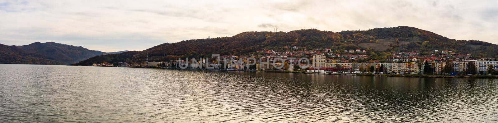 View of Danube river and Orsova city, waterfront view. Orsova, Romania, 2021