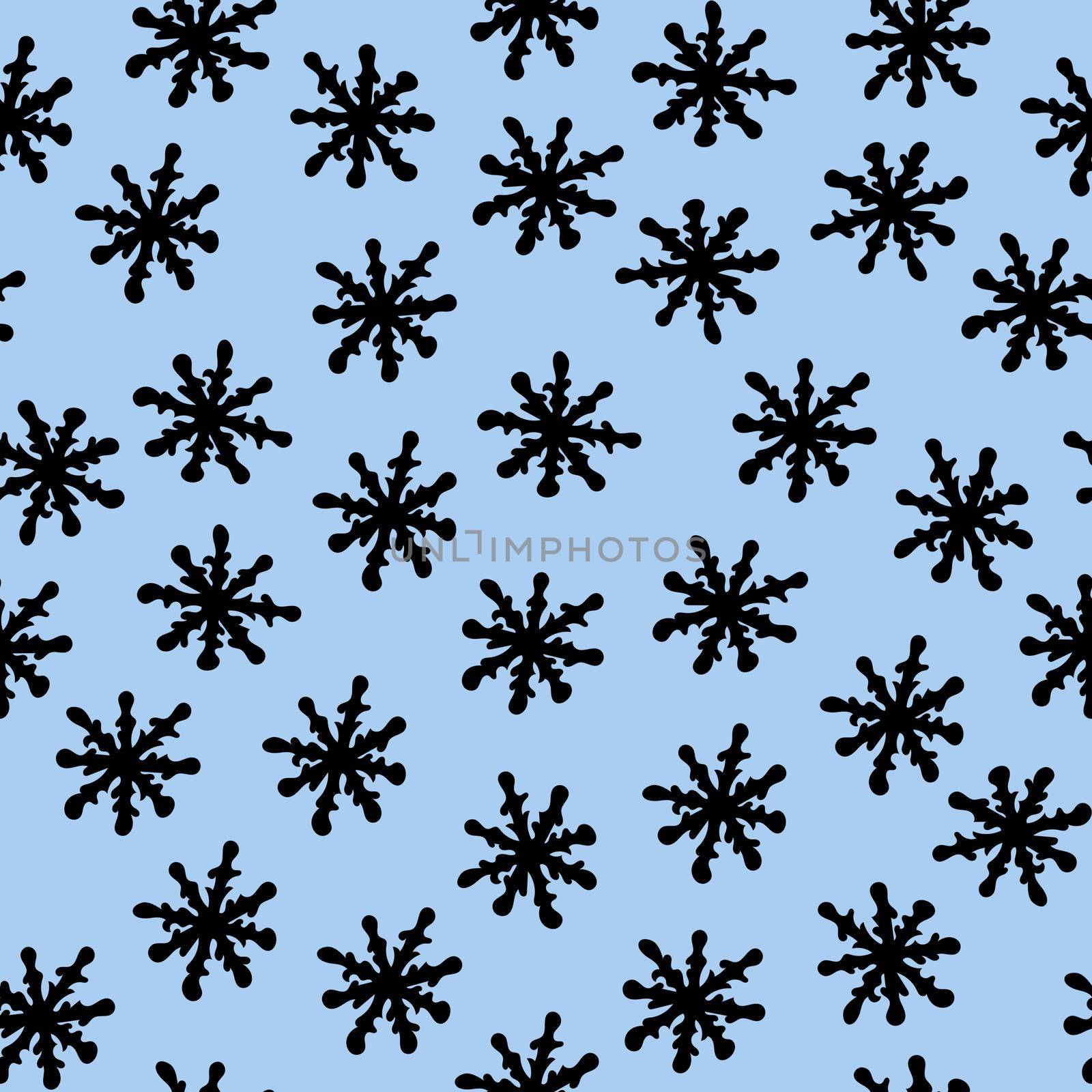 Seamless Pattern with Black Snowflakes on Light Blue Background. Abstract Hand-Drawn Doodle Snowflakes.