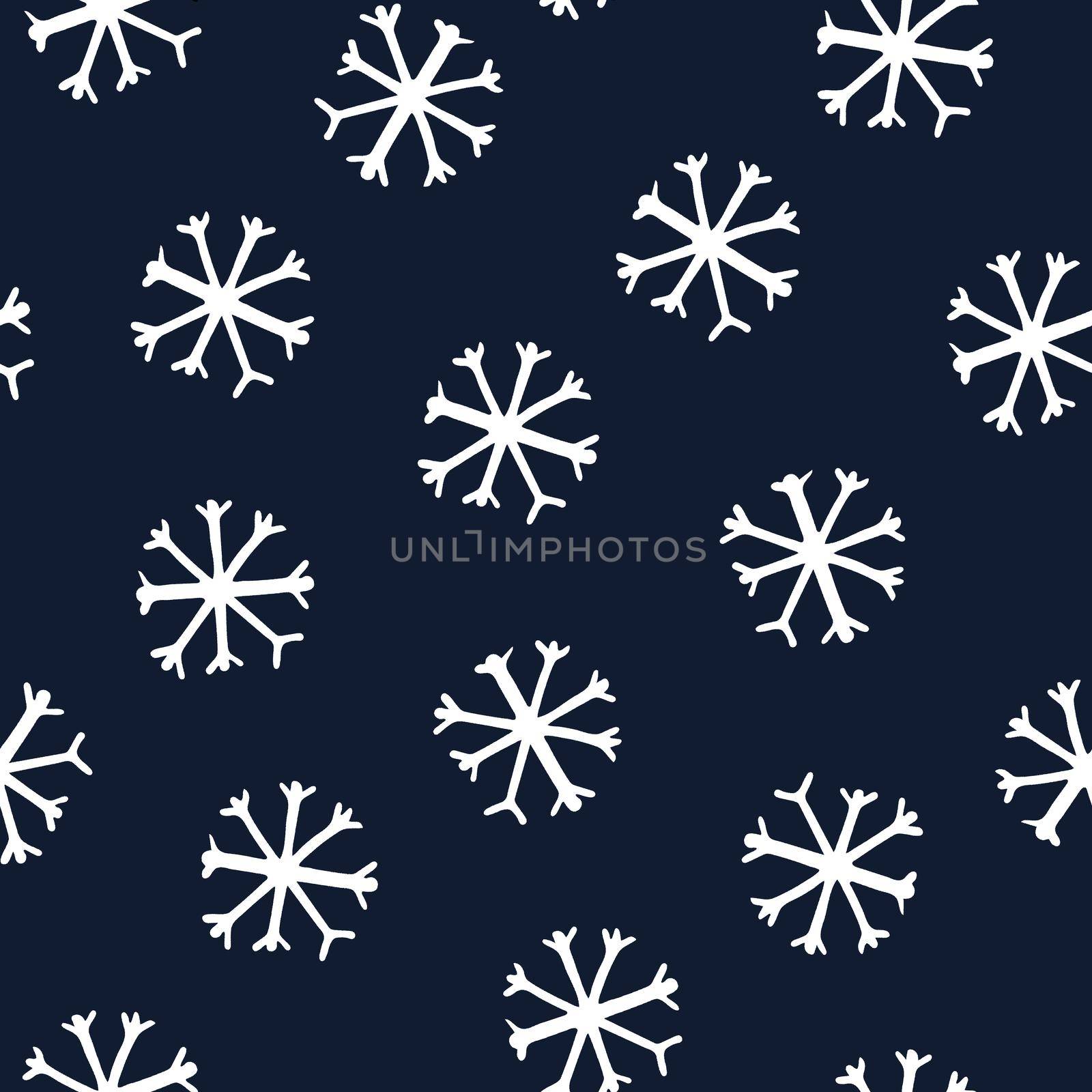 Seamless Pattern with White Snowflakes on Dark Blue Background. Abstract Hand-Drawn Doodle Snowflakes.