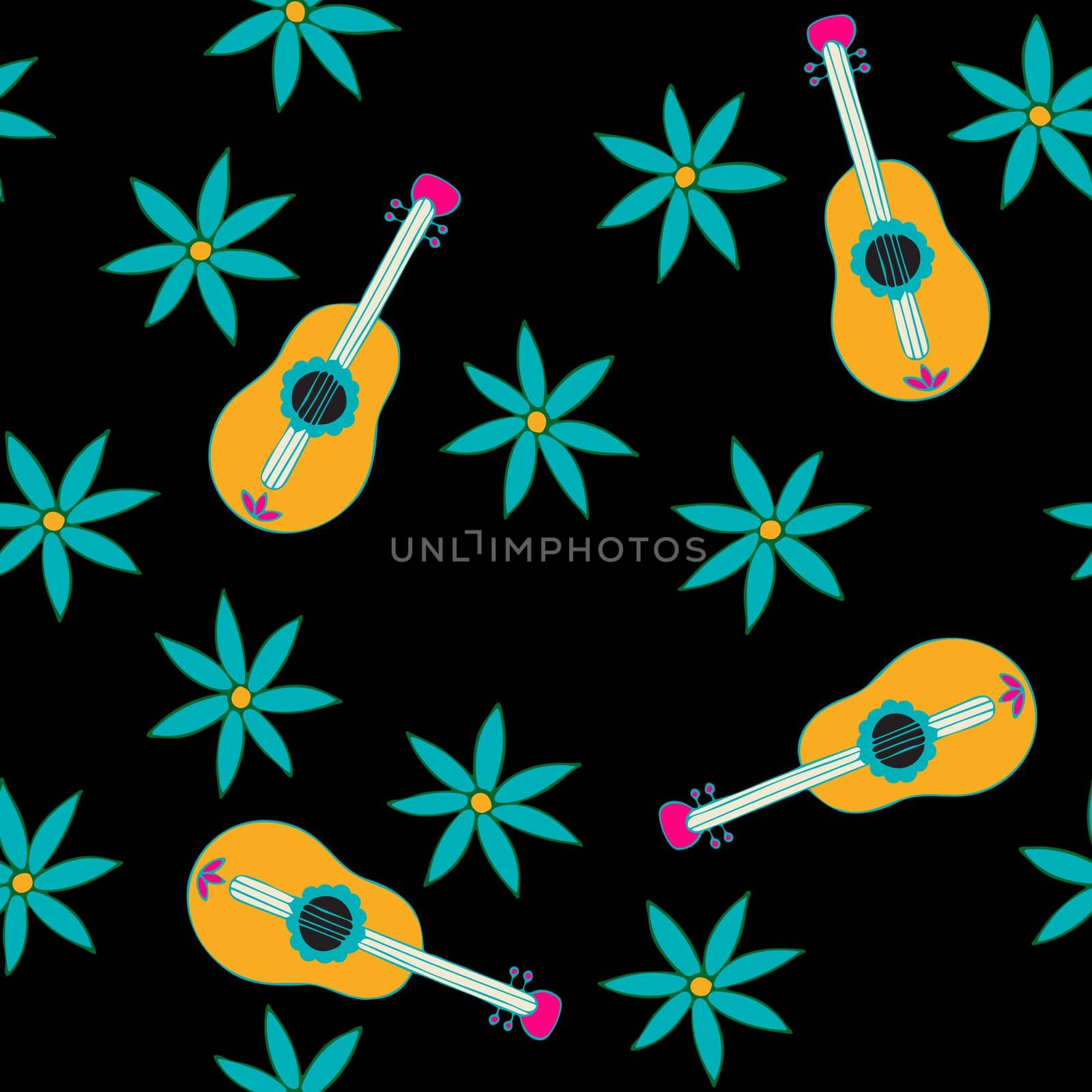 Seamless Repeat Pattern with Flowers and Guitar on black background. Hand drawn fabric, gift wrap, wall art design.