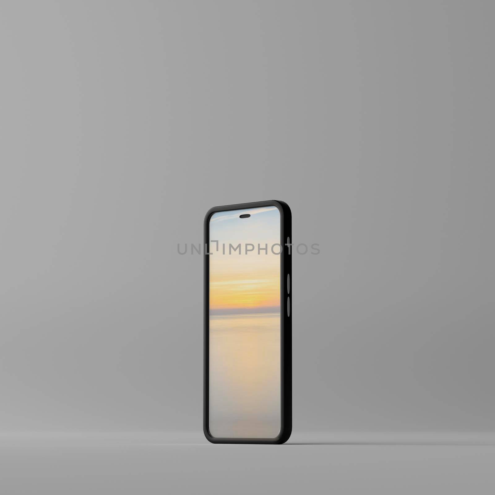 Smartphone mockup with blank white screen on a grey background. 3D illustration by Antonelli