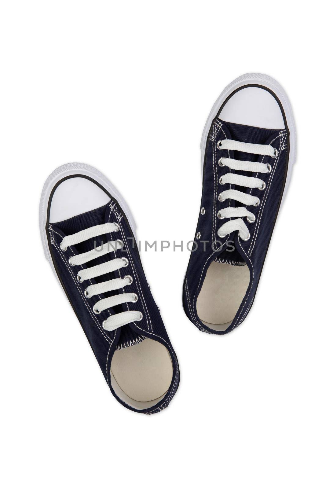 Closeup black shoes pair top view isolated on white background, accessory or sneaker, object or footwear. by nnudoo