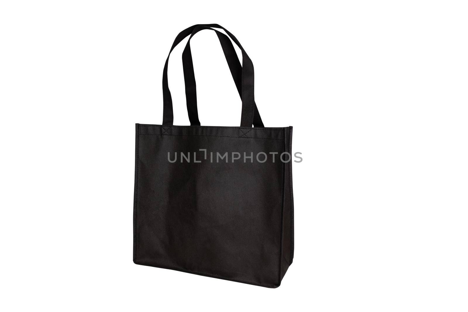 Mockup black tote bag fabric for shopping, mock up canvas bag textile with reusable isolated on white background. by nnudoo