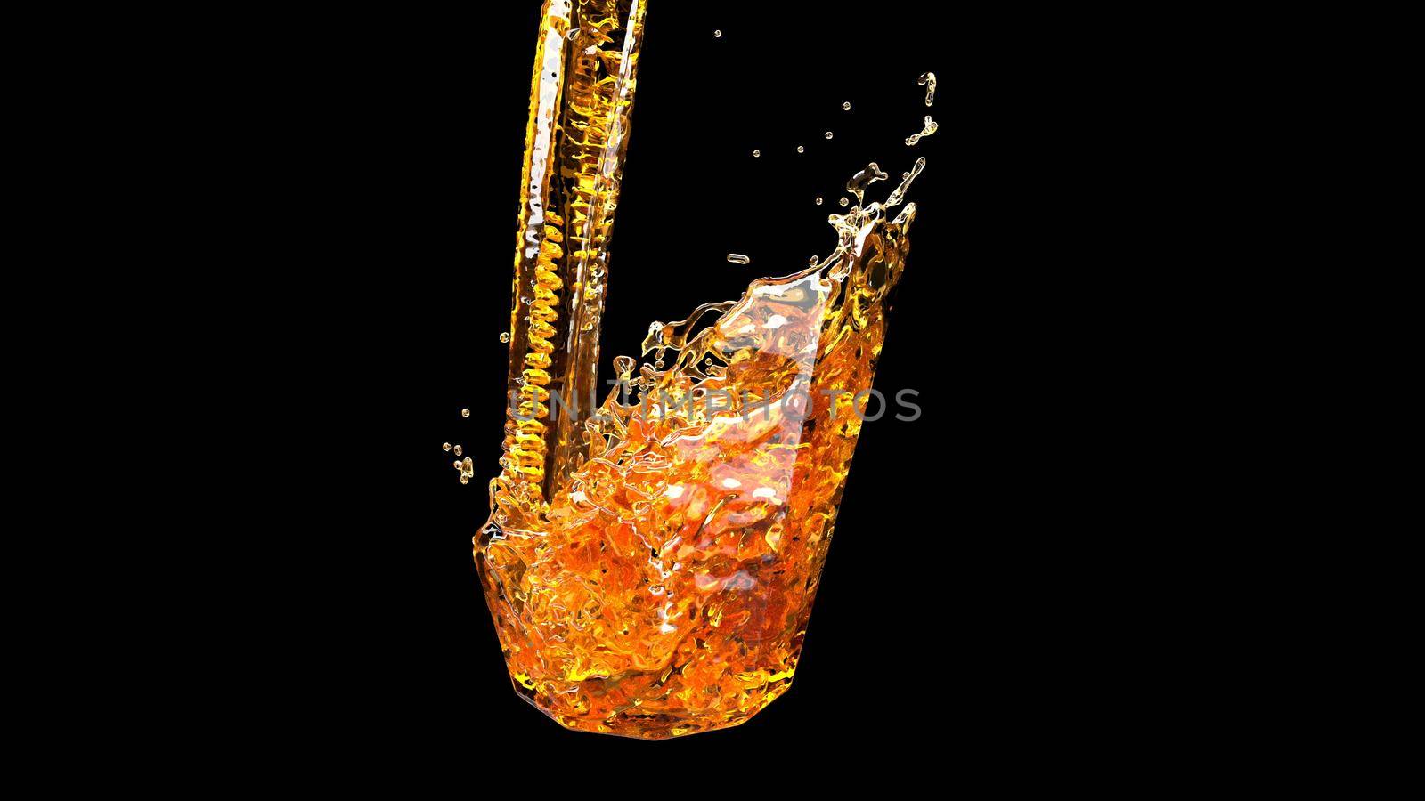 Alcohol beer Liquid splash 3d yellow gold backdrop on black 3d render by Zozulinskyi