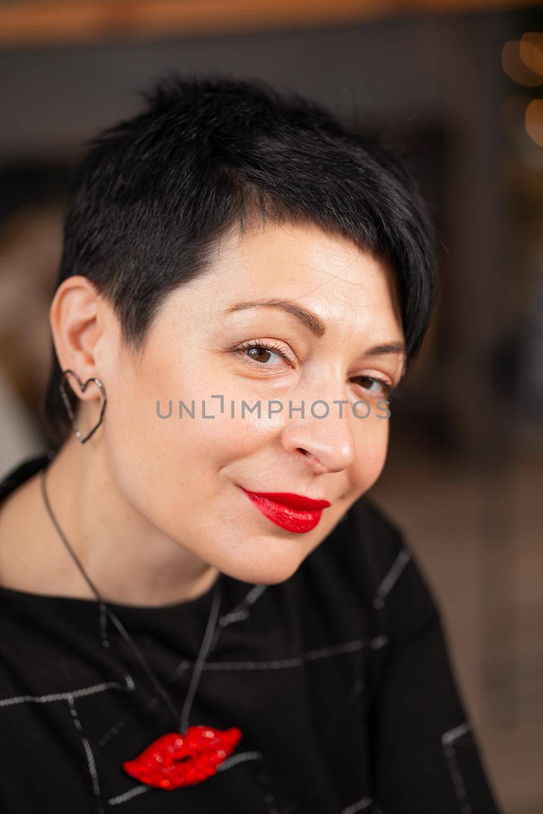 Portrait of smiling short haircut brunette woman. With tired eyes by Try_my_best