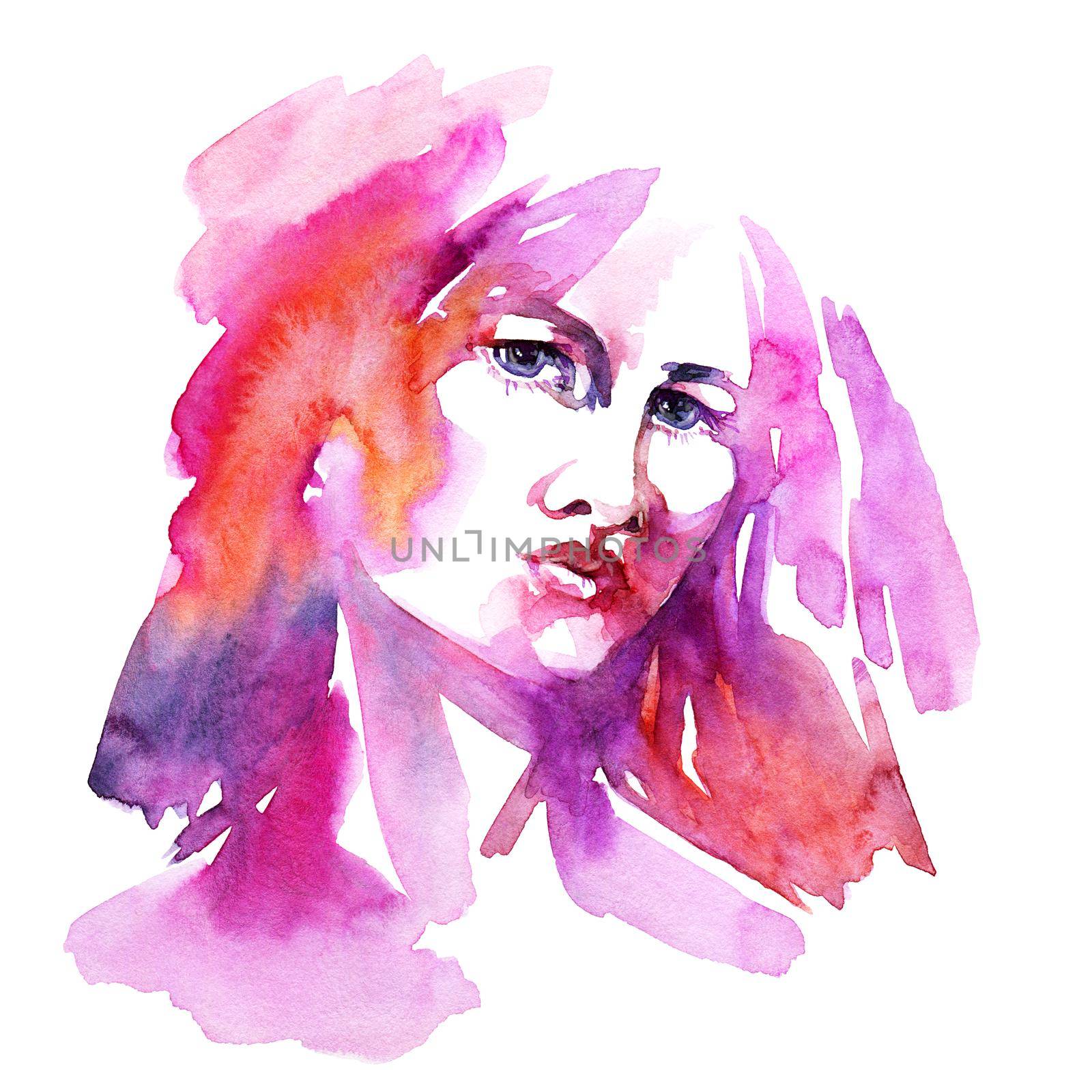 Watercolor hand-drawn portrait of woman on white background