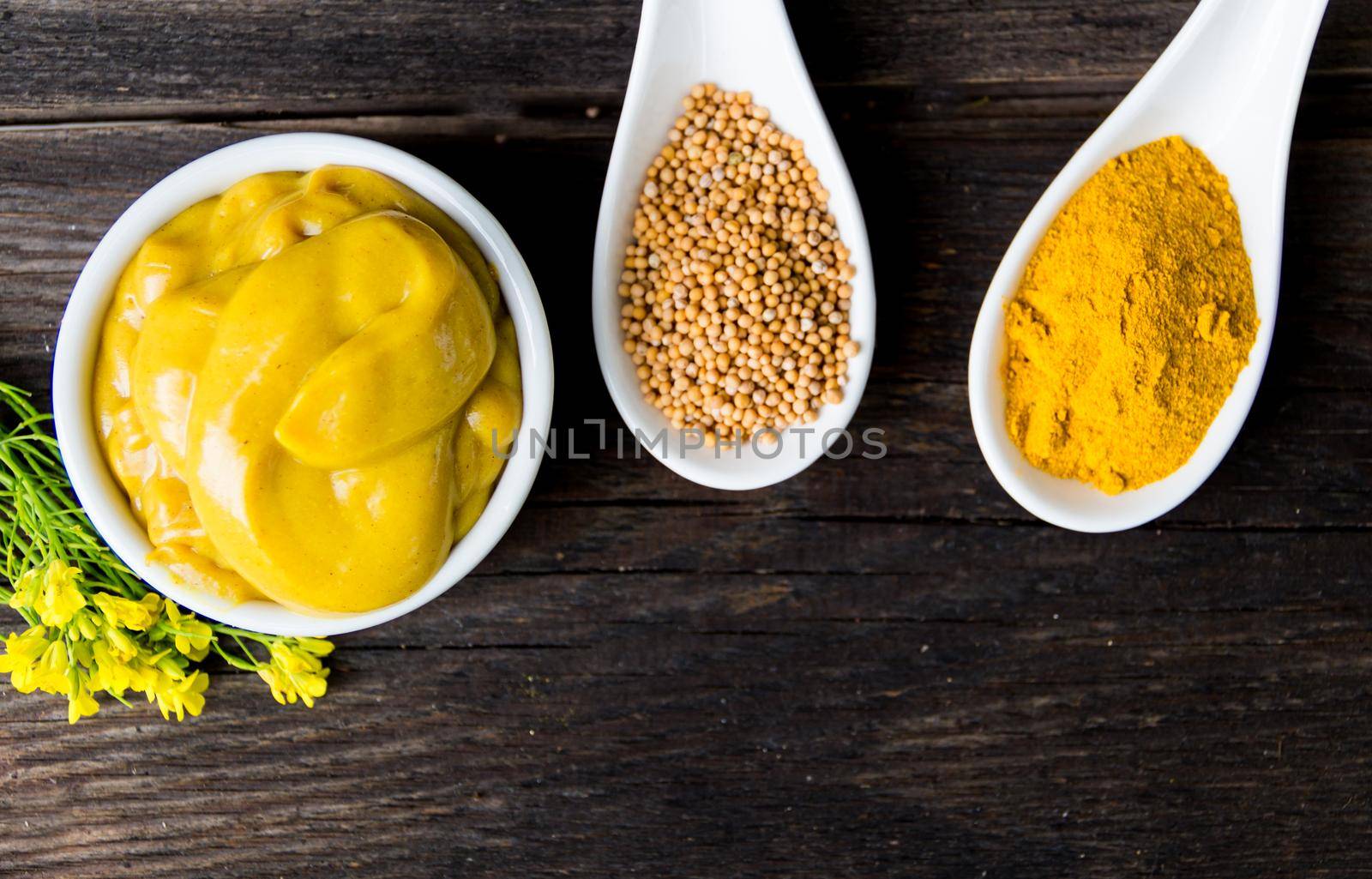 mustard sauce and flowers and their ingredients by GabrielaBertolini