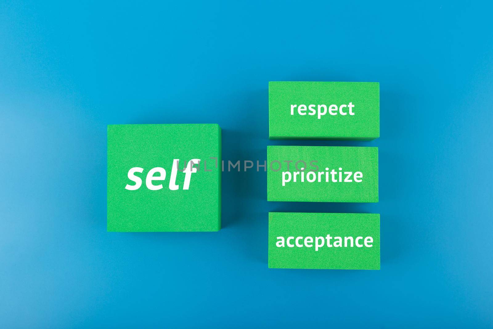 Self respect, acceptance, respect and prioritize concept in blue colors. Mental health, self love and wellness concept by Senorina_Irina