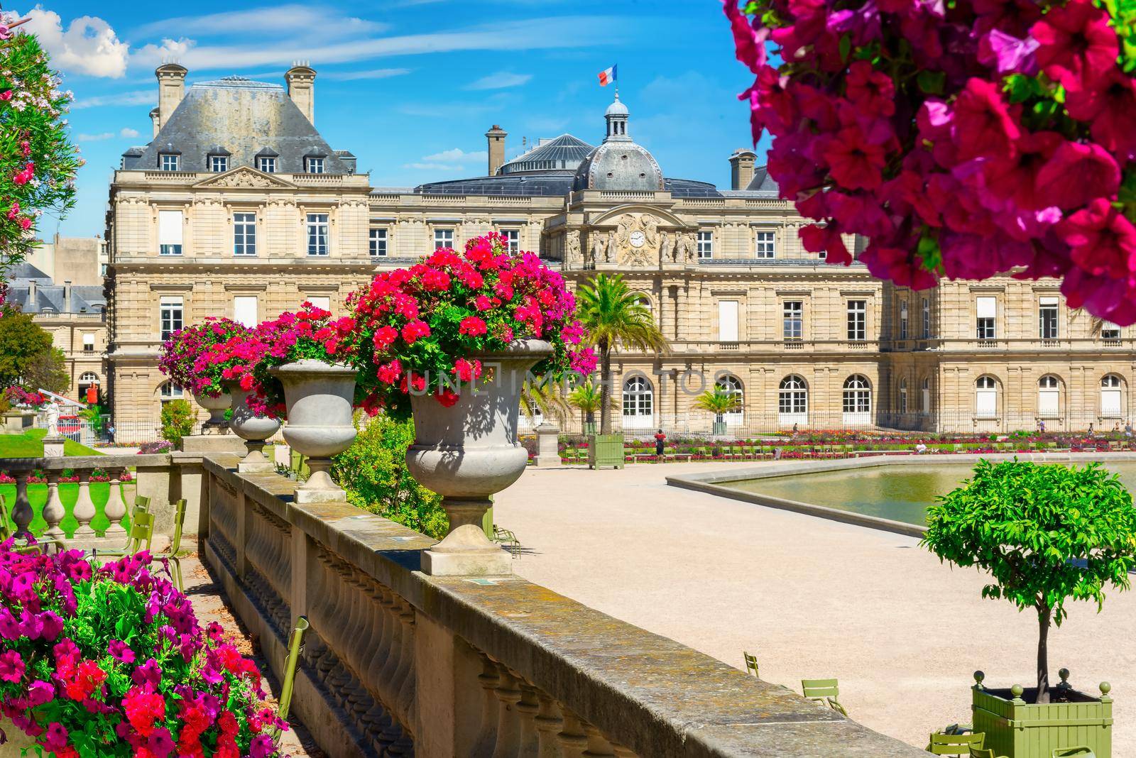 Luxembourg Palace and flower beds in summer, Paris
