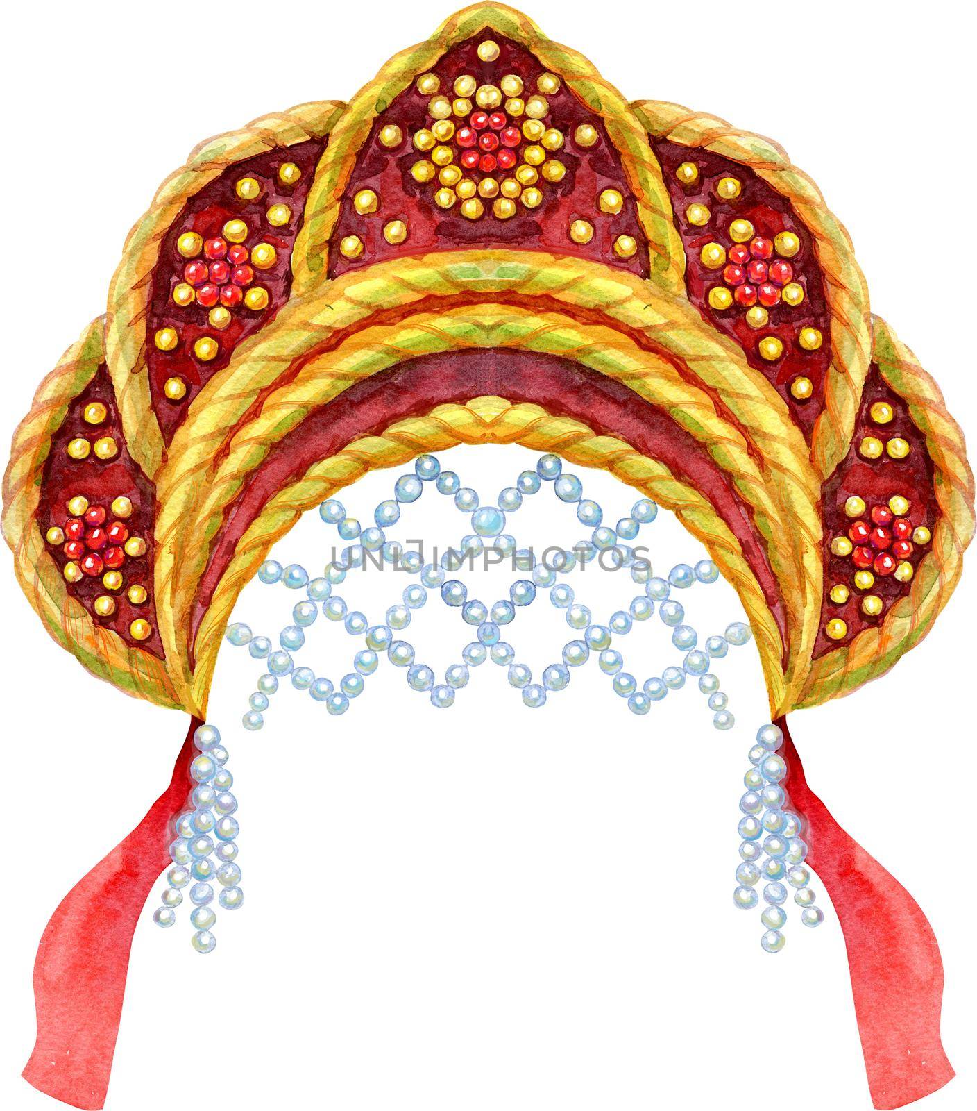 Watercolor Illustration Russian national headdress kokoshnik with gold ornament and beads on white background