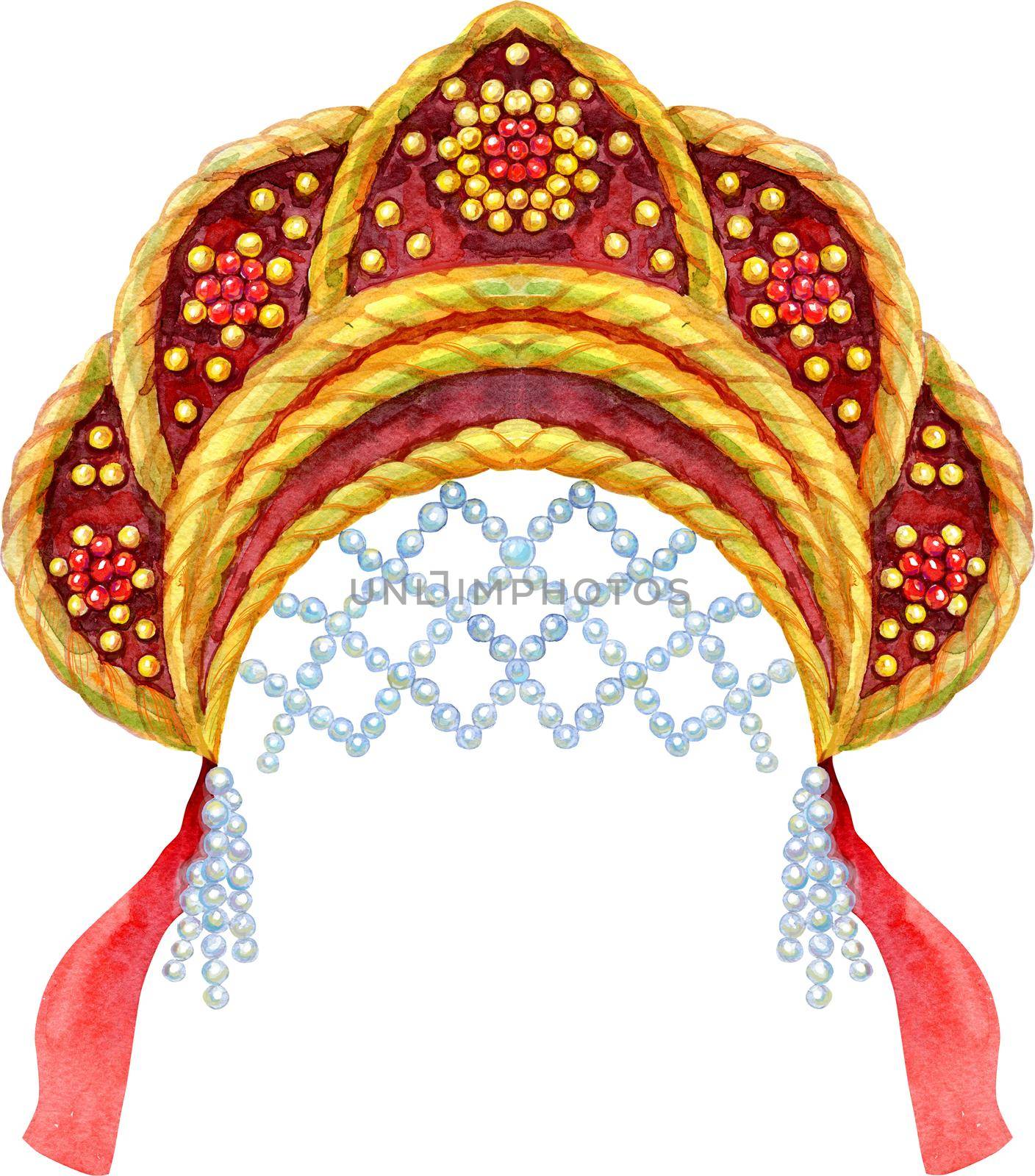 Watercolor illustration Russian national headdress kokoshnik with gold ornament and beads by NataOmsk