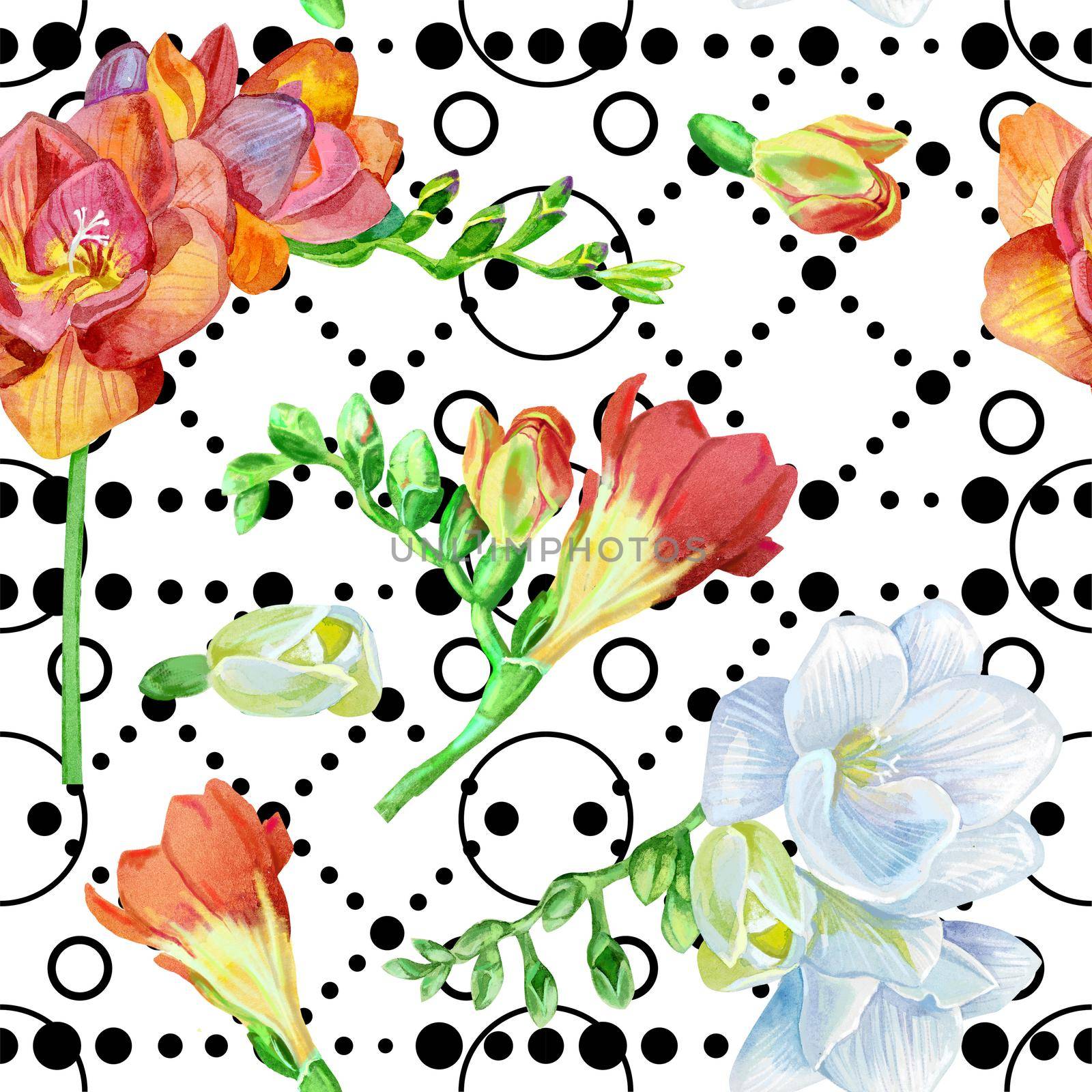 Watercolor white and red and white freesia flower on the background of dots. Seamless background pattern. by NataOmsk