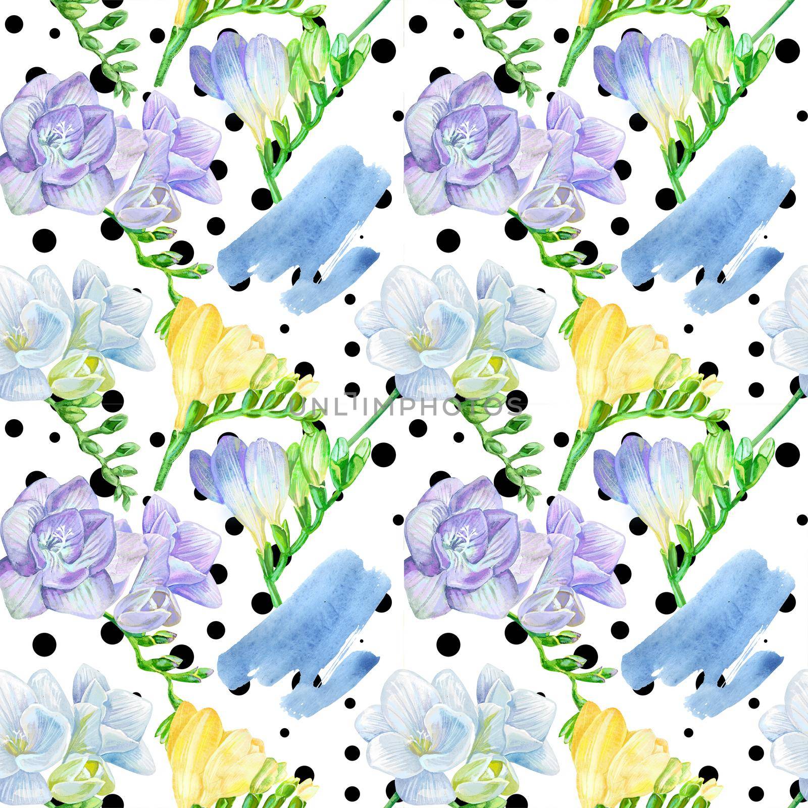 Watercolor white and violet and white freesia flower on the background of dots. Seamless background pattern. by NataOmsk