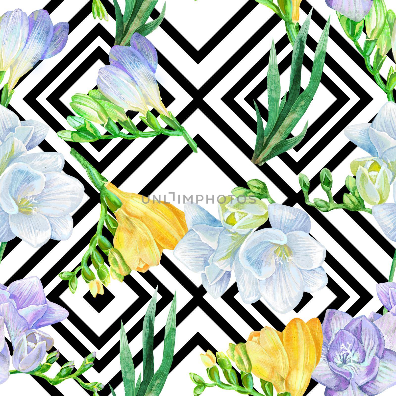 Watercolor white and violet freesia flower on black and white geometric background. Seamless background pattern. by NataOmsk