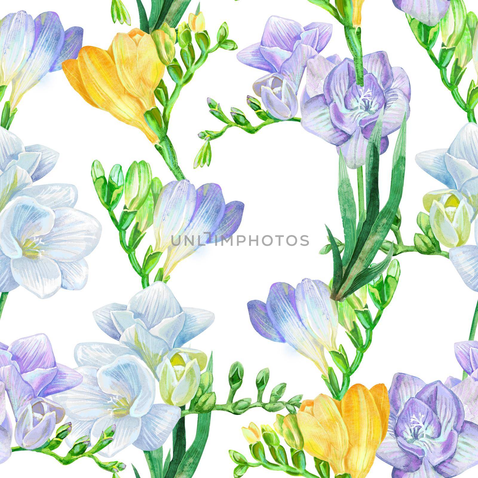 Watercolor white and violet freesia flower. Seamless background pattern. Silhouette, petal. by NataOmsk