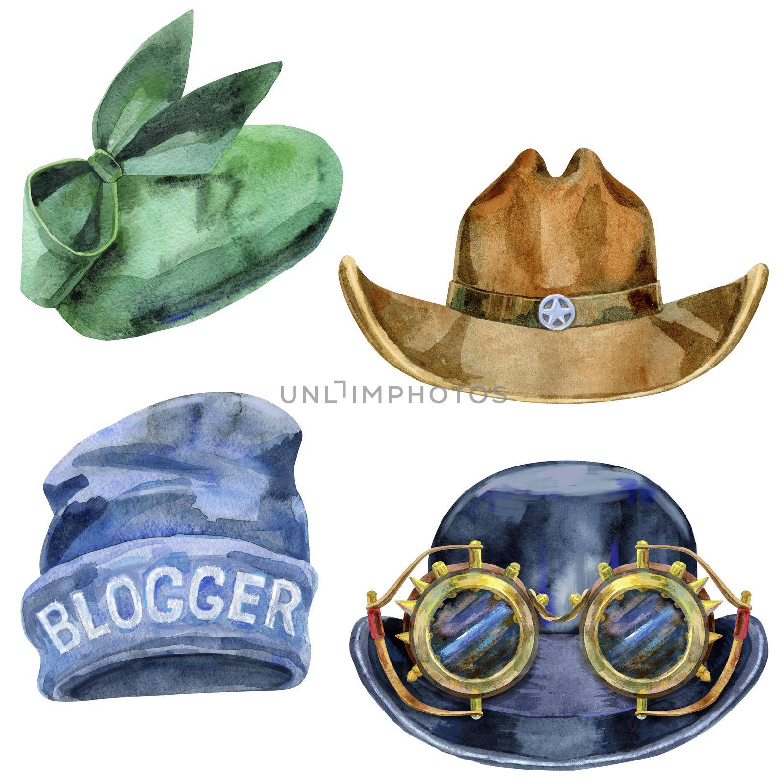 Set of watercolor illustrations of hats on white background by NataOmsk