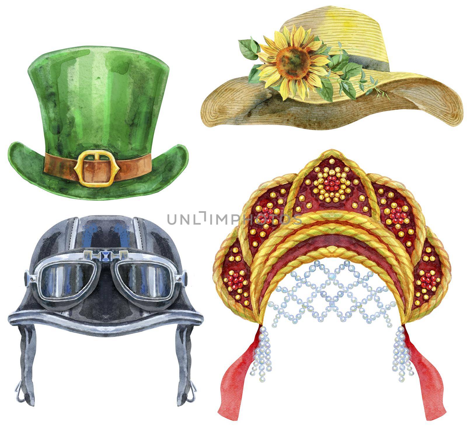 Set of watercolor illustrations of hats on white background by NataOmsk