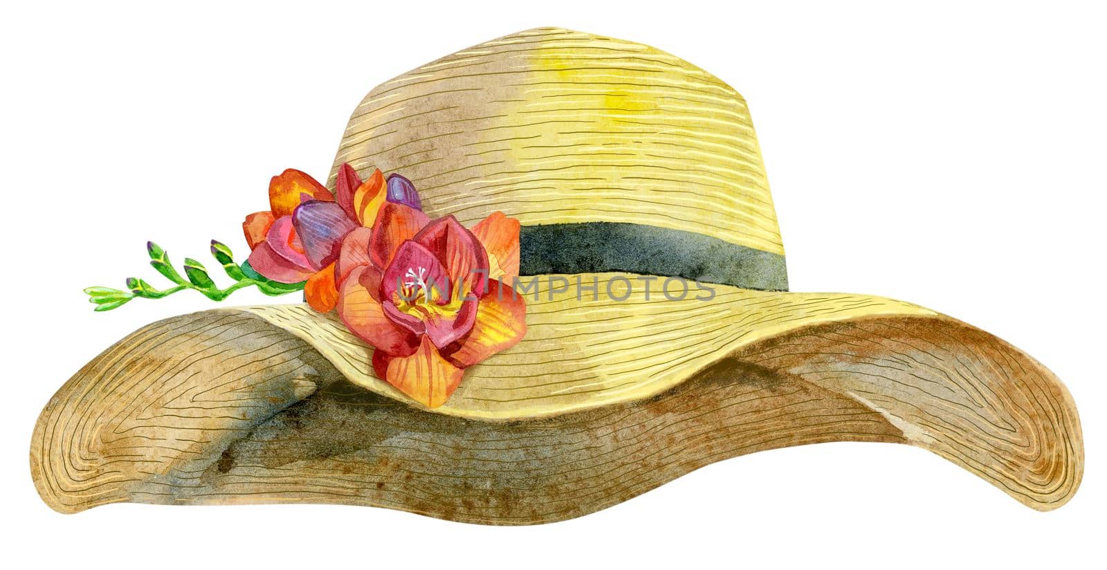 Watercolor women's yellow summer hat with freesia illustration. For clothing design