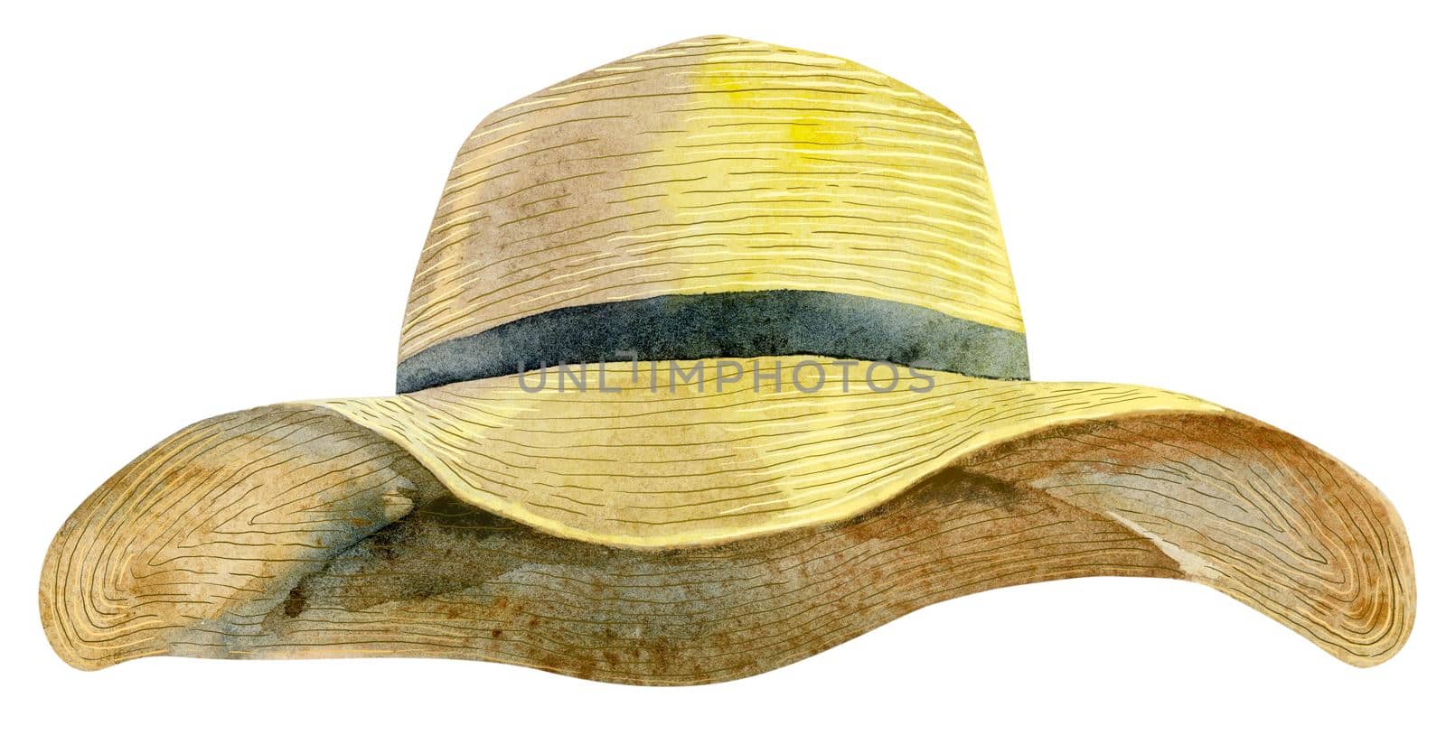 Watercolor women's yellow summer hat with black ribbon illustration. For clothing design