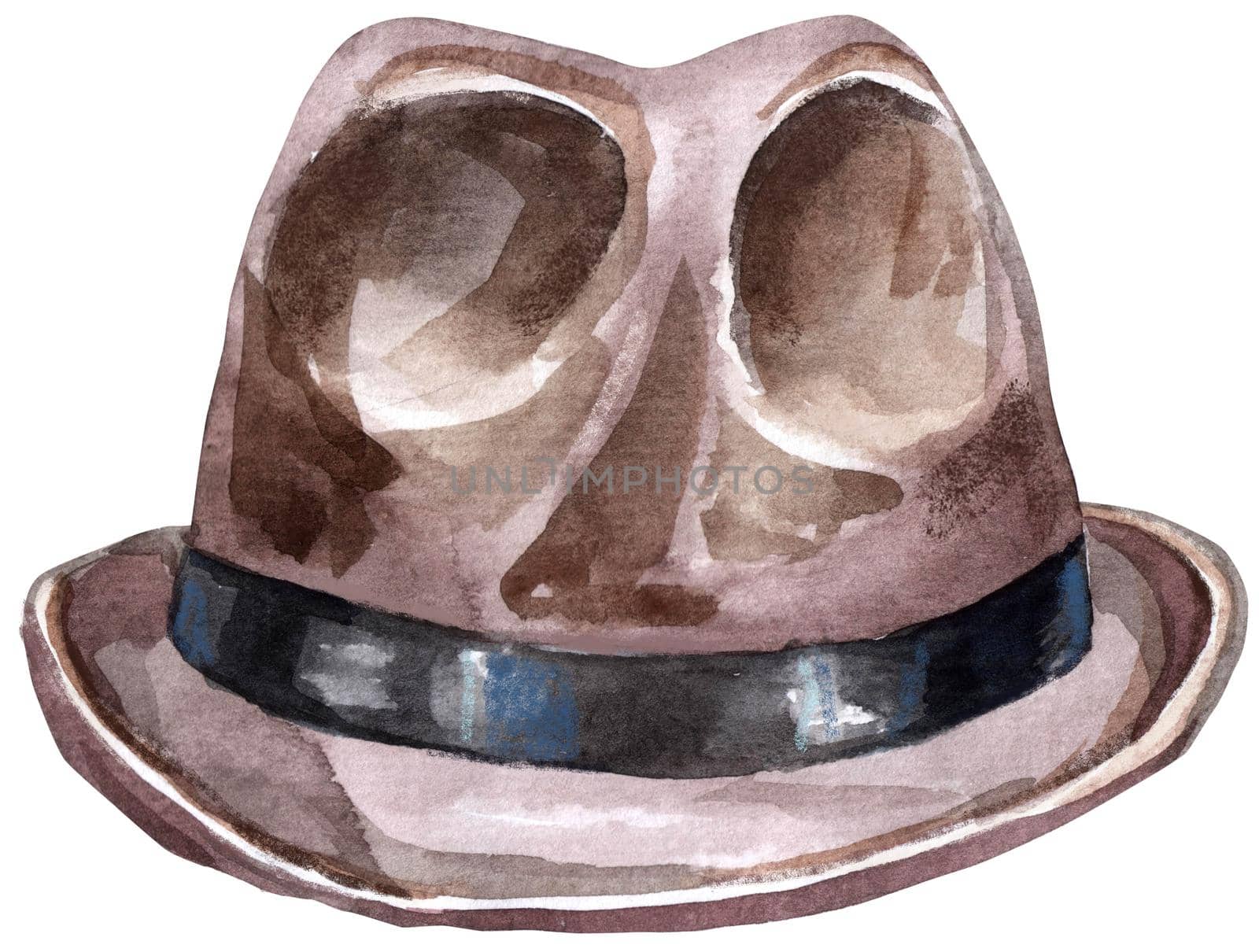 Watercolor men's brown hat with black ribbon illustration. For clothing design