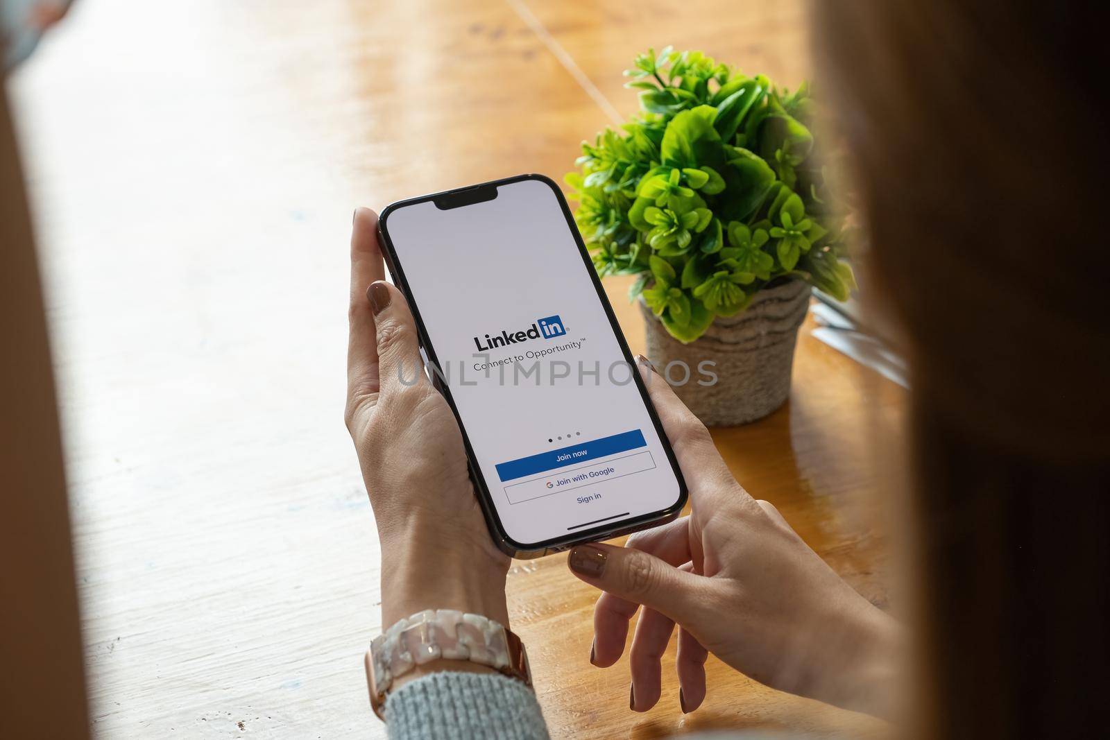 CHIANG MAI, THAILAND, OCT 17, 2021 : A women holds Apple iPhone pro max with LinkedIn application on the screen.LinkedIn is a photo-sharing app for smartphones.