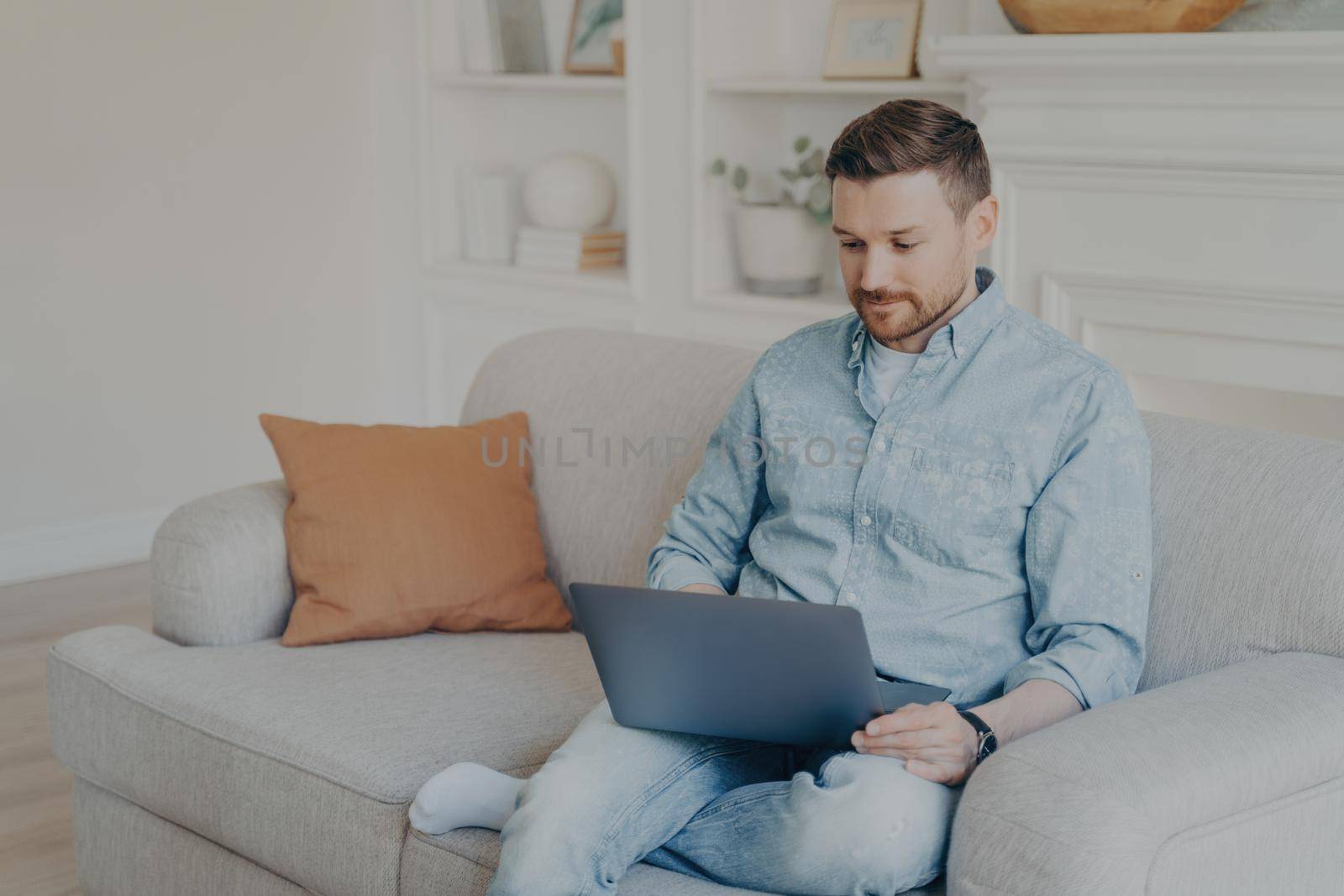 Attentive handsome young man in casual clothes using laptop during leisure time while sitting on sofa at home, looking for his favorite TV shows online to watch over weekend