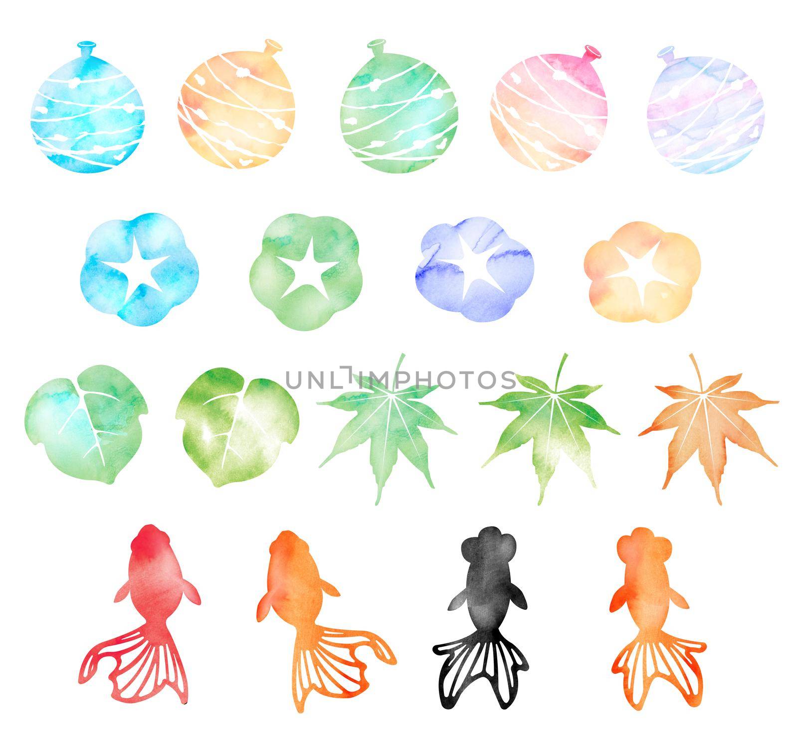 Summer motif watercolor painting illustration set for summer greeting card etc. by barks