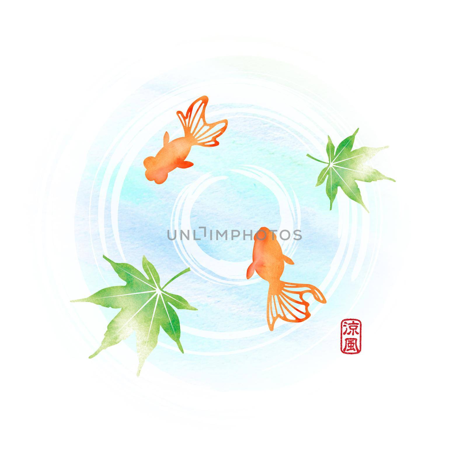 Summer motif watercolor painting illustration for summer greeting card etc. | Pond and goldfishes by barks