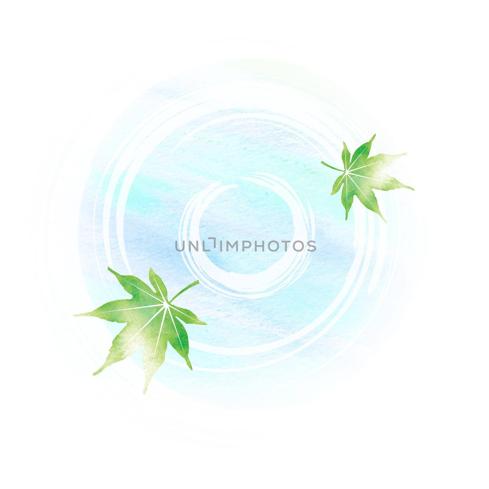 Summer motif watercolor painting illustration for summer greeting card etc. | Pond and maple leaves