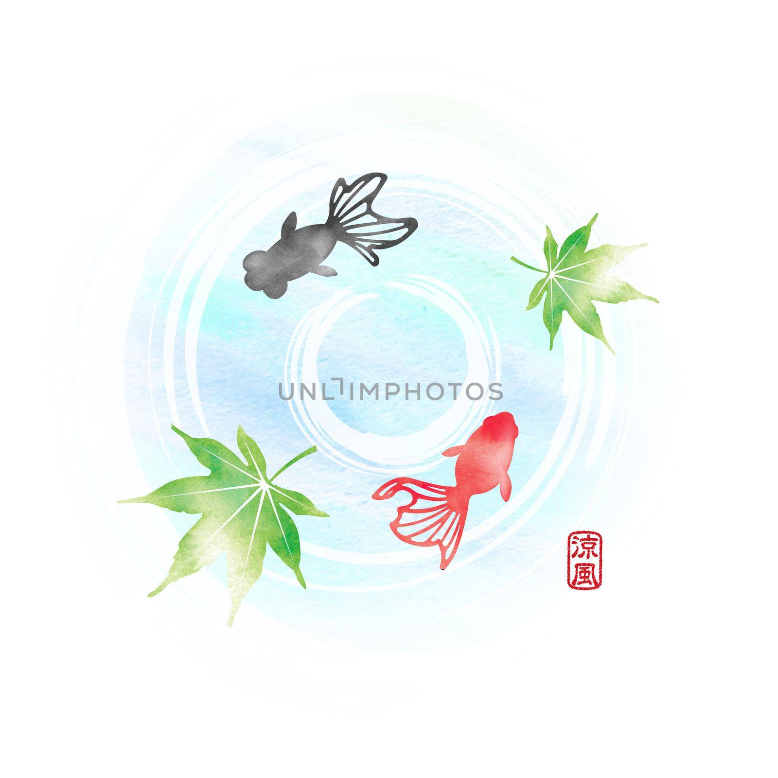 Summer motif watercolor painting illustration for summer greeting card etc. | Pond and goldfishes