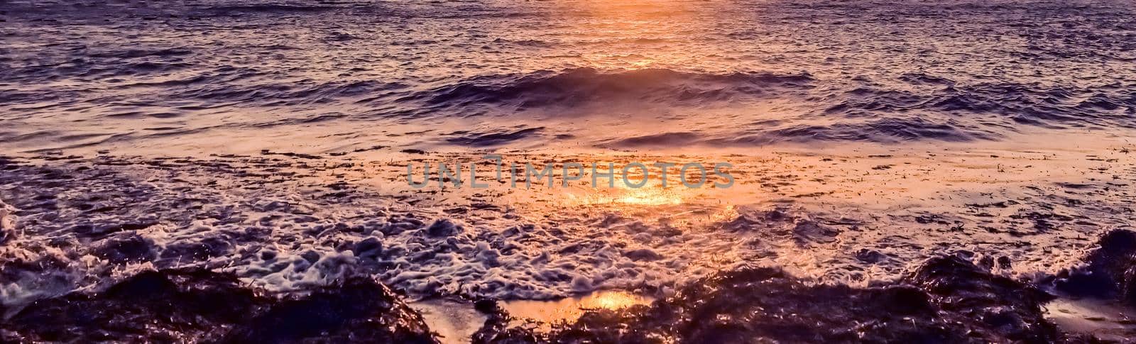 Nature, twilight and vintage beach holiday concept - Summer sunset at the Mediterranean sea coast, seascape and mountain view