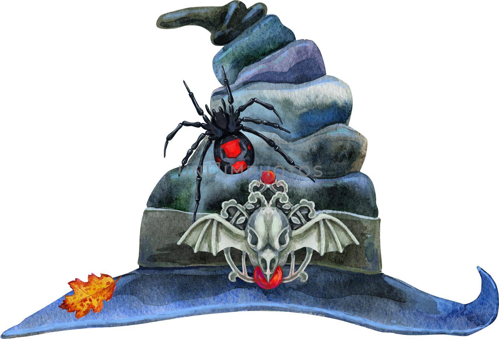 Watercolor magic witch hat with spider. High quality illustration for magic decorations and celebrating Halloween