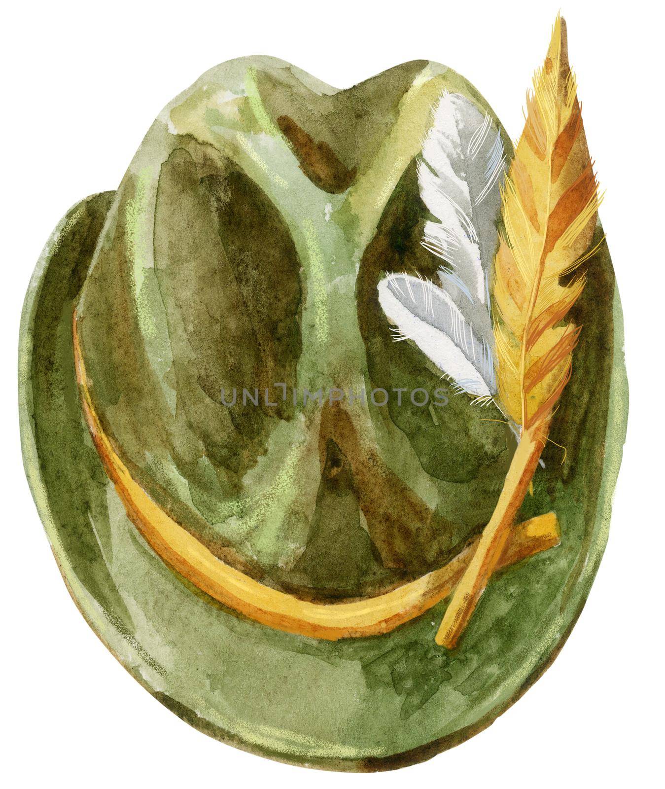 Green hat with feathers for Oktoberfest. watercolor illustration