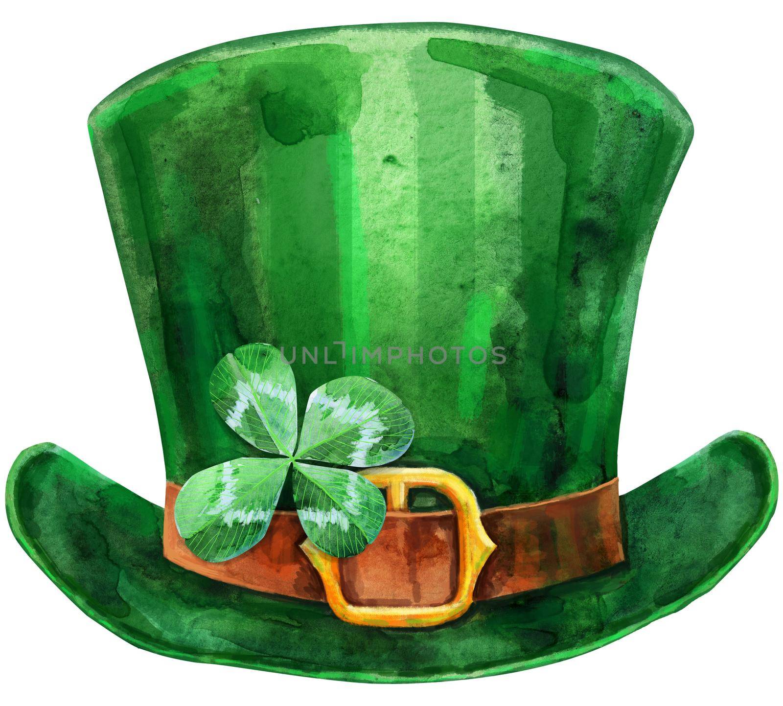 Watercolor Leprechaun Hat with clover leaf, St Patrick's Day Hat Illustration by NataOmsk